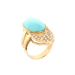 Handcraft Turquoise 18 Karat Yellow Gold Diamonds Cocktail Ring
