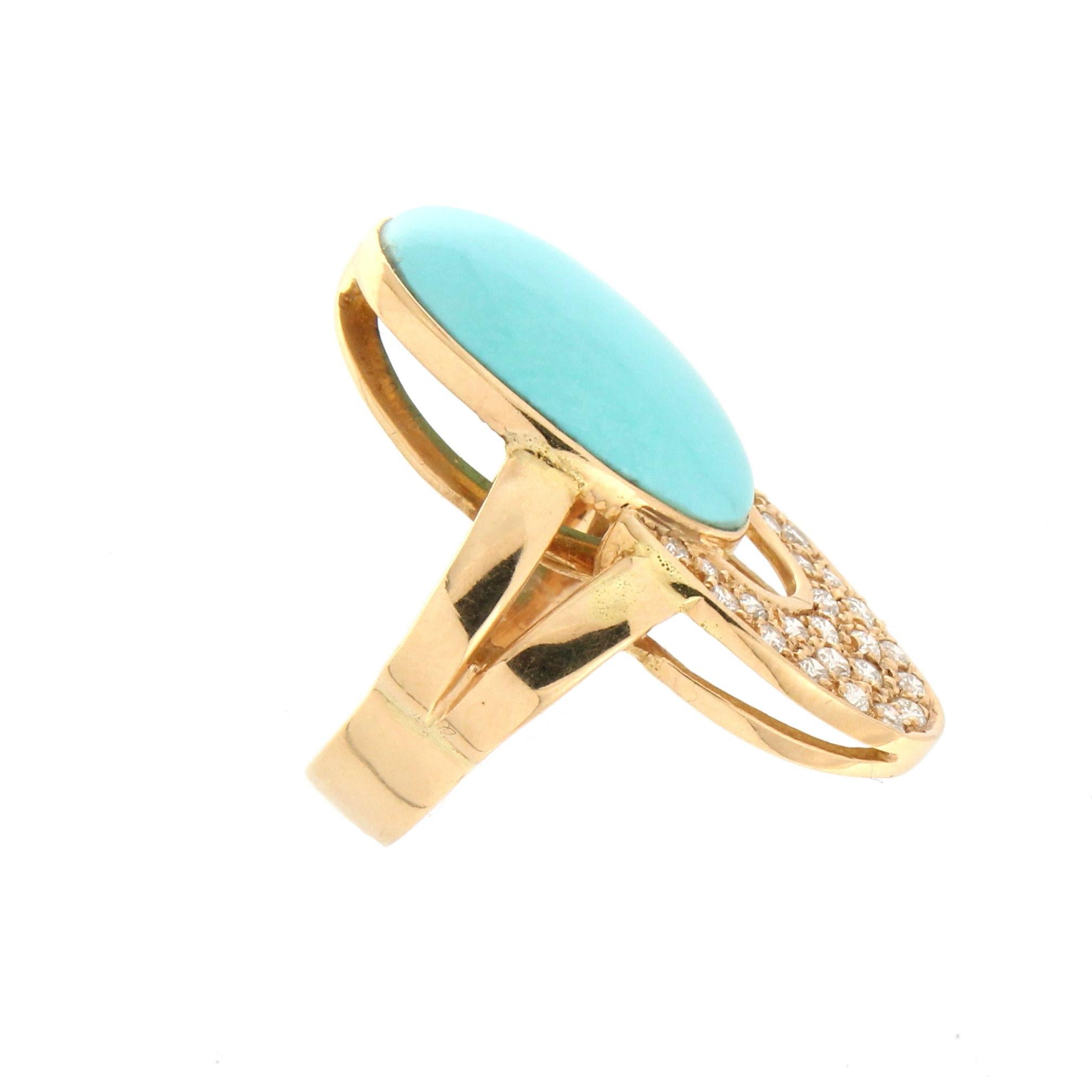 Artisan Handcraft Turquoise 18 Karat Yellow Gold Diamonds Cocktail Ring For Sale