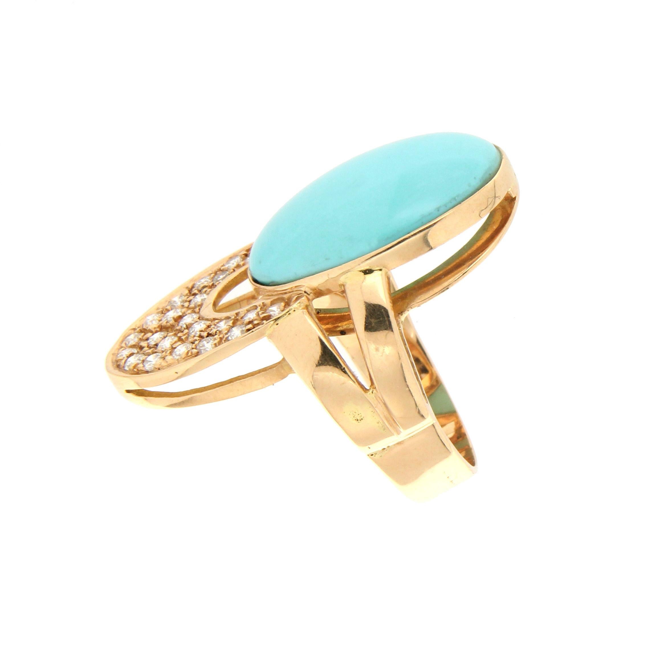 Brilliant Cut Handcraft Turquoise 18 Karat Yellow Gold Diamonds Cocktail Ring For Sale