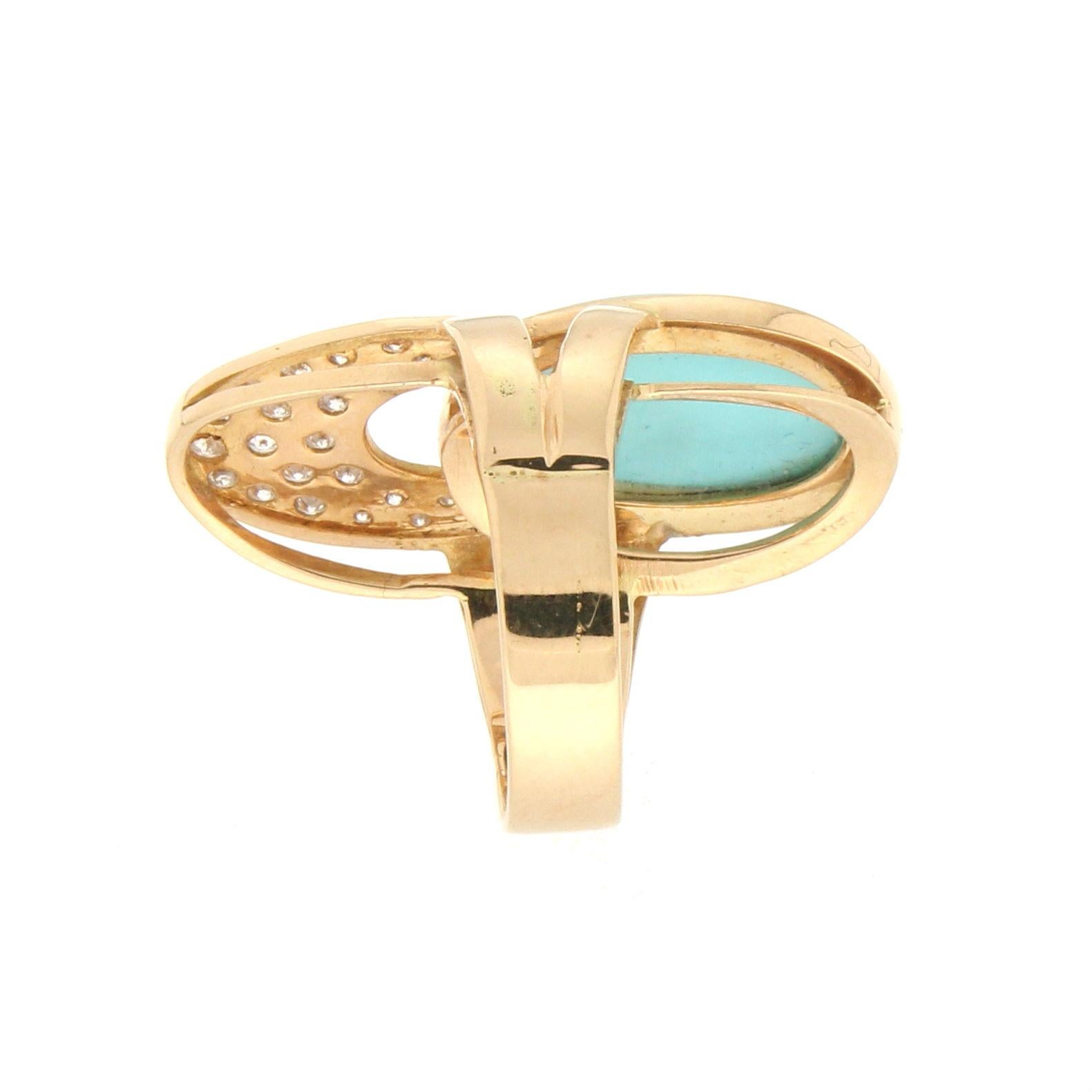 Handcraft Turquoise 18 Karat Yellow Gold Diamonds Cocktail Ring In New Condition For Sale In Marcianise, IT