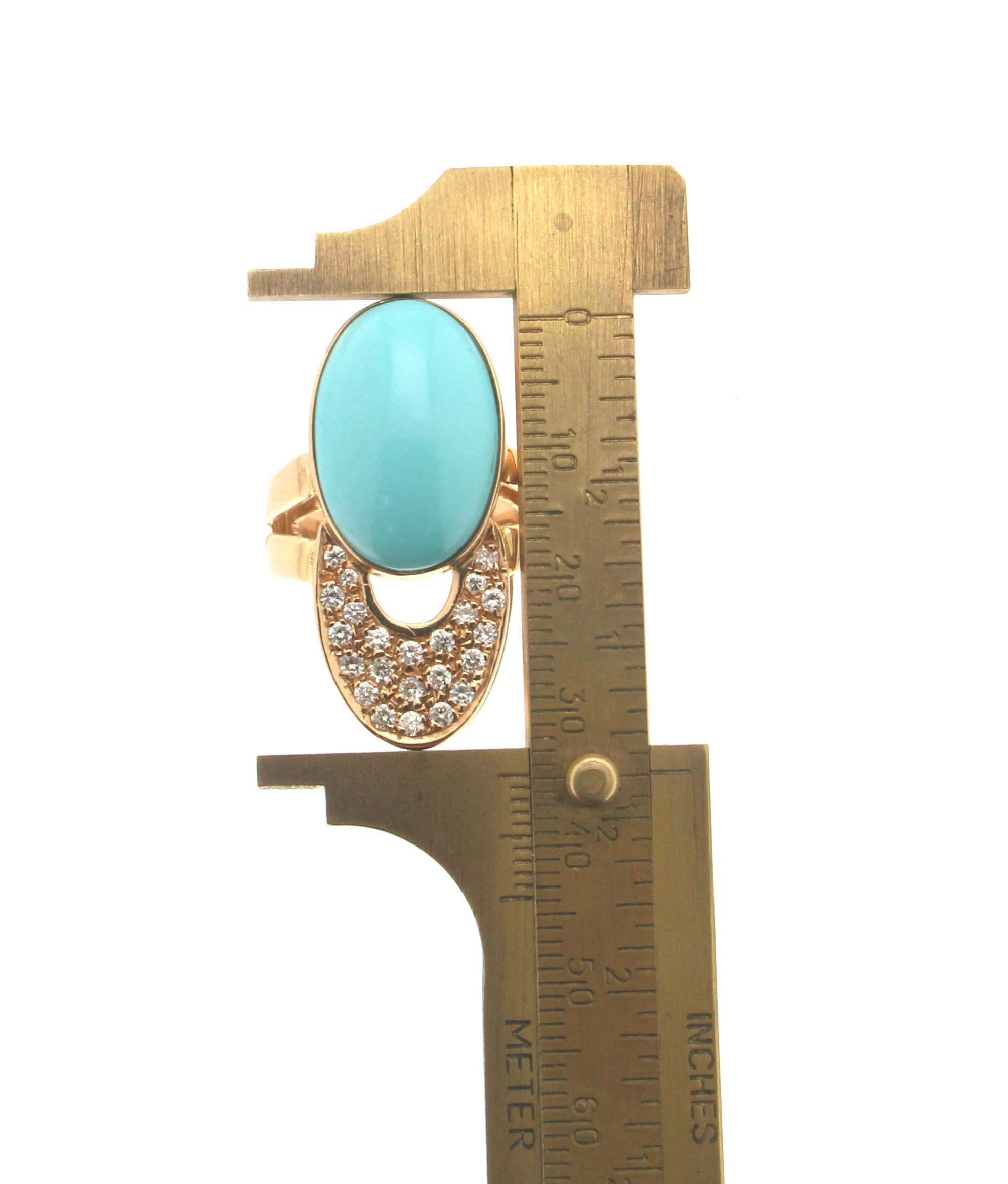 Women's or Men's Handcraft Turquoise 18 Karat Yellow Gold Diamonds Cocktail Ring For Sale