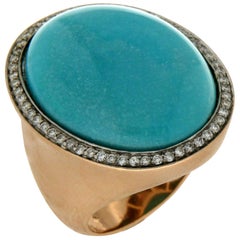 Handcraft Turquoise 18 Karat Yellow Gold Diamonds Cocktail Ring