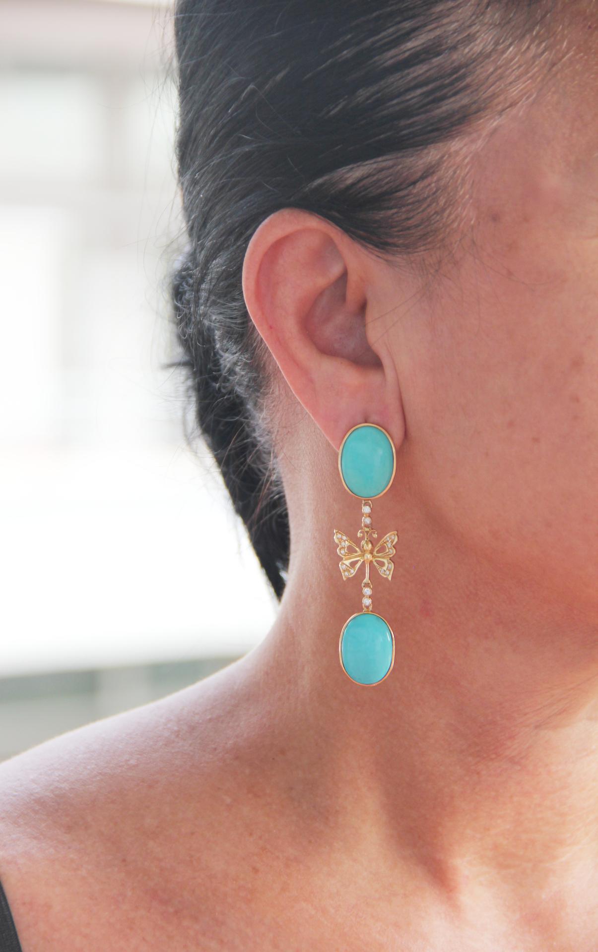 Handcraft Turquoise 18 Karat Yellow Gold Diamonds Drop Earrings For Sale 4