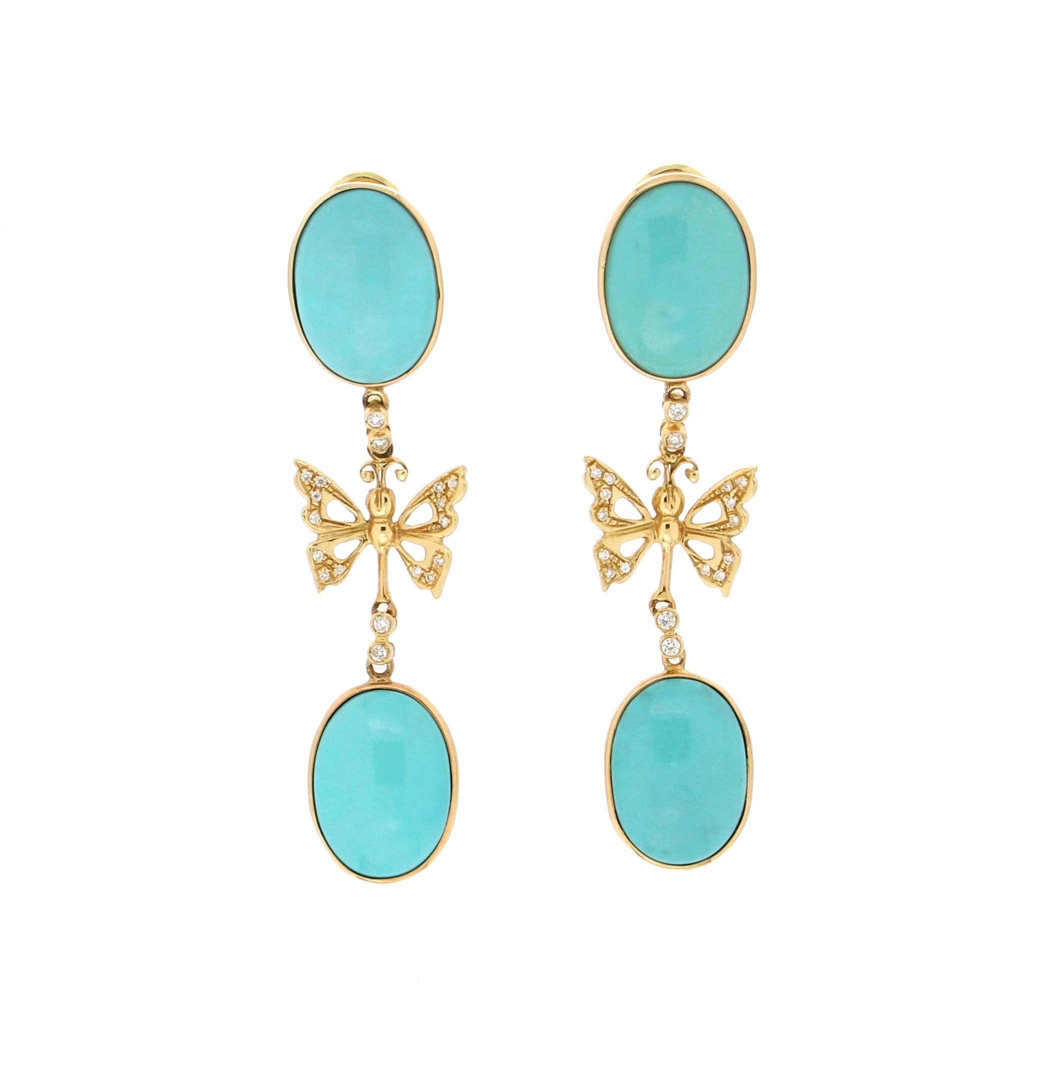 Artisan Handcraft Turquoise 18 Karat Yellow Gold Diamonds Drop Earrings For Sale