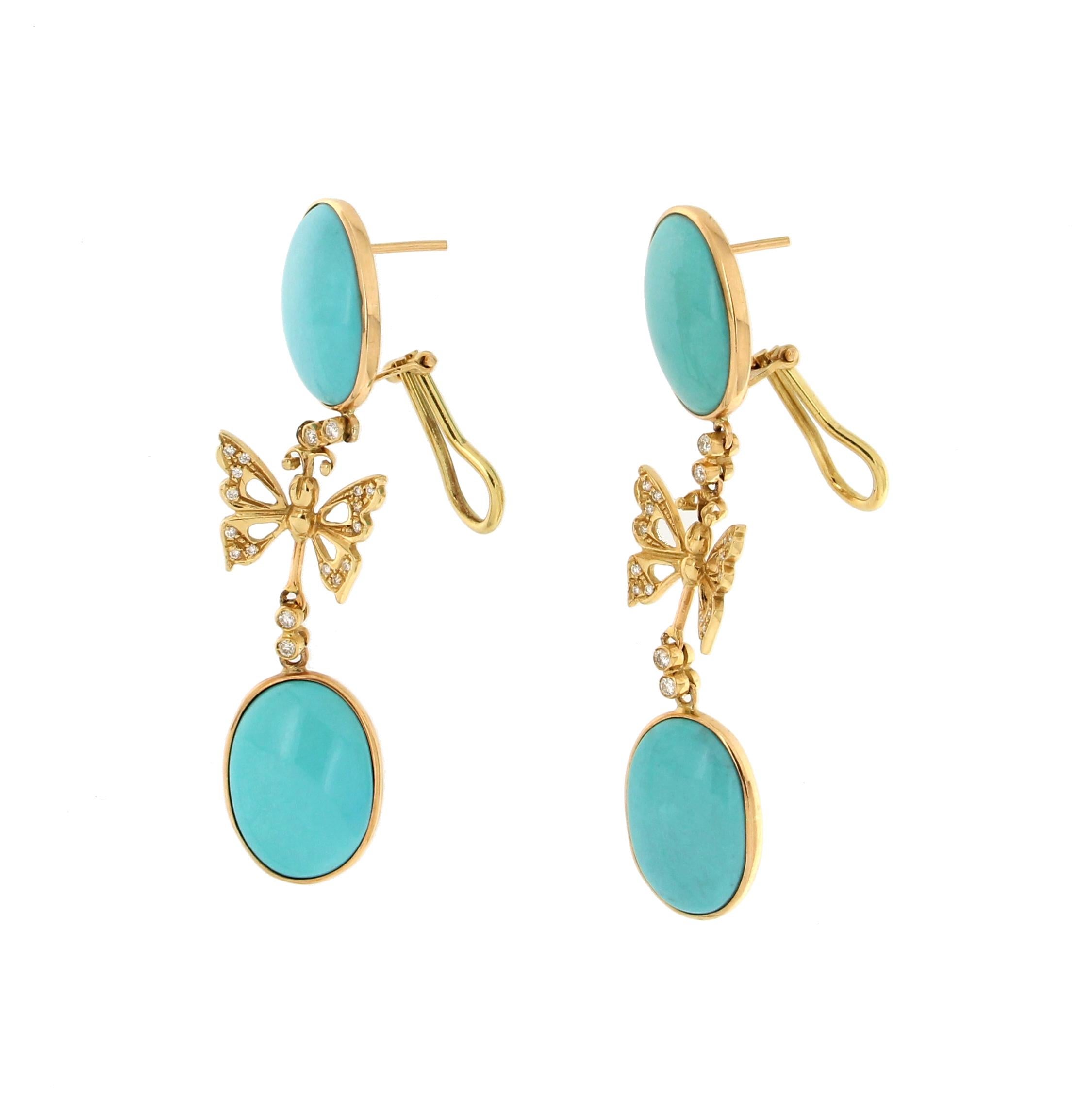 Handcraft Turquoise 18 Karat Yellow Gold Diamonds Drop Earrings In New Condition For Sale In Marcianise, IT