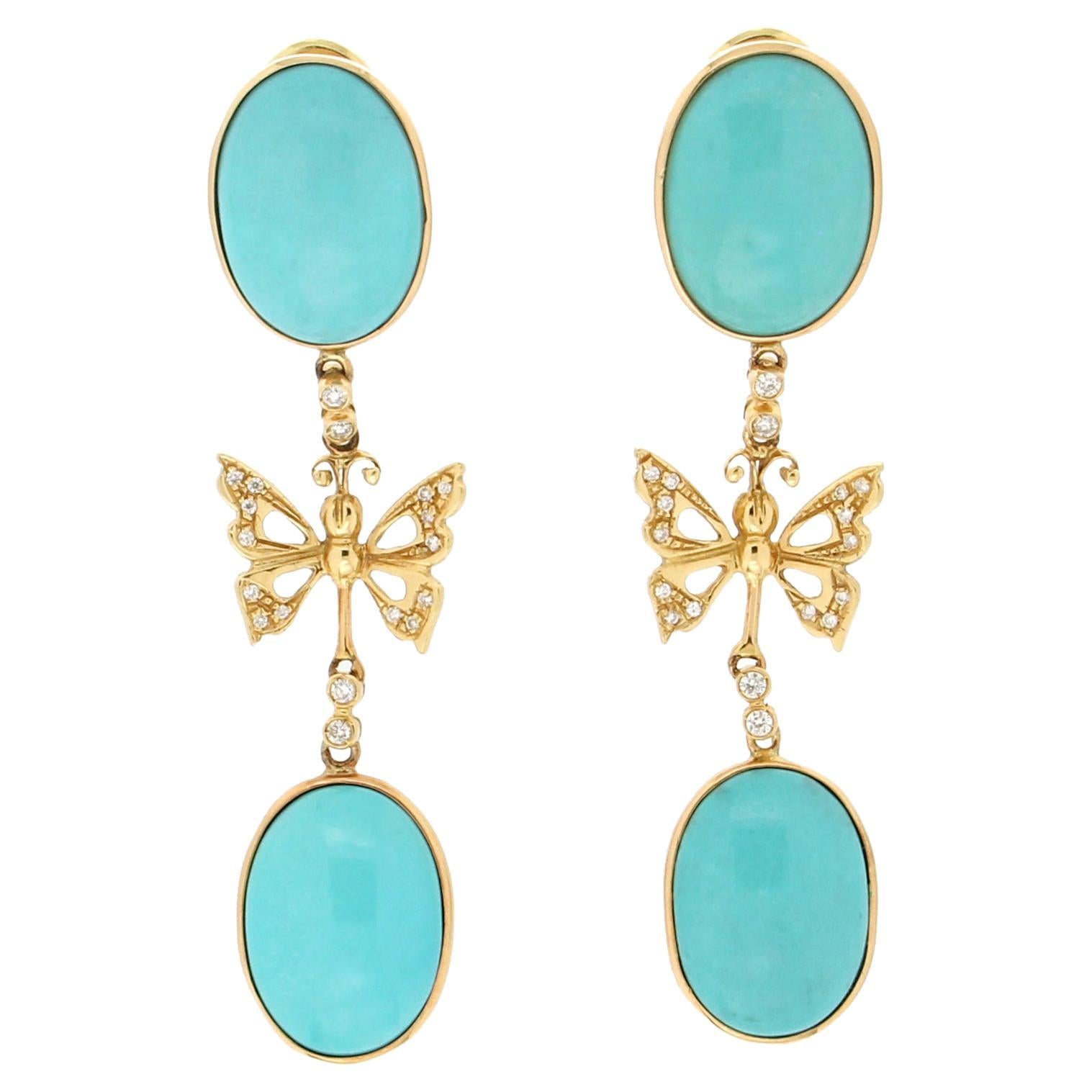 Boucles d'oreilles en goutte artisanales en or jaune 18 carats avec turquoises et diamants