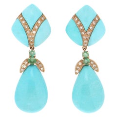 Handcraft Turquoise 18 Karat Yellow Gold Diamonds Emeralds Drop Earrings