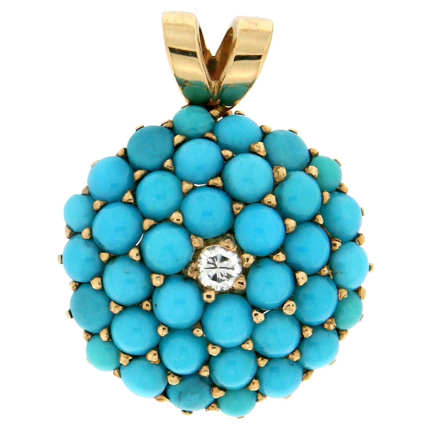 Collier à pendentifs en or jaune 18 carats avec diamants et turquoise Handcraft