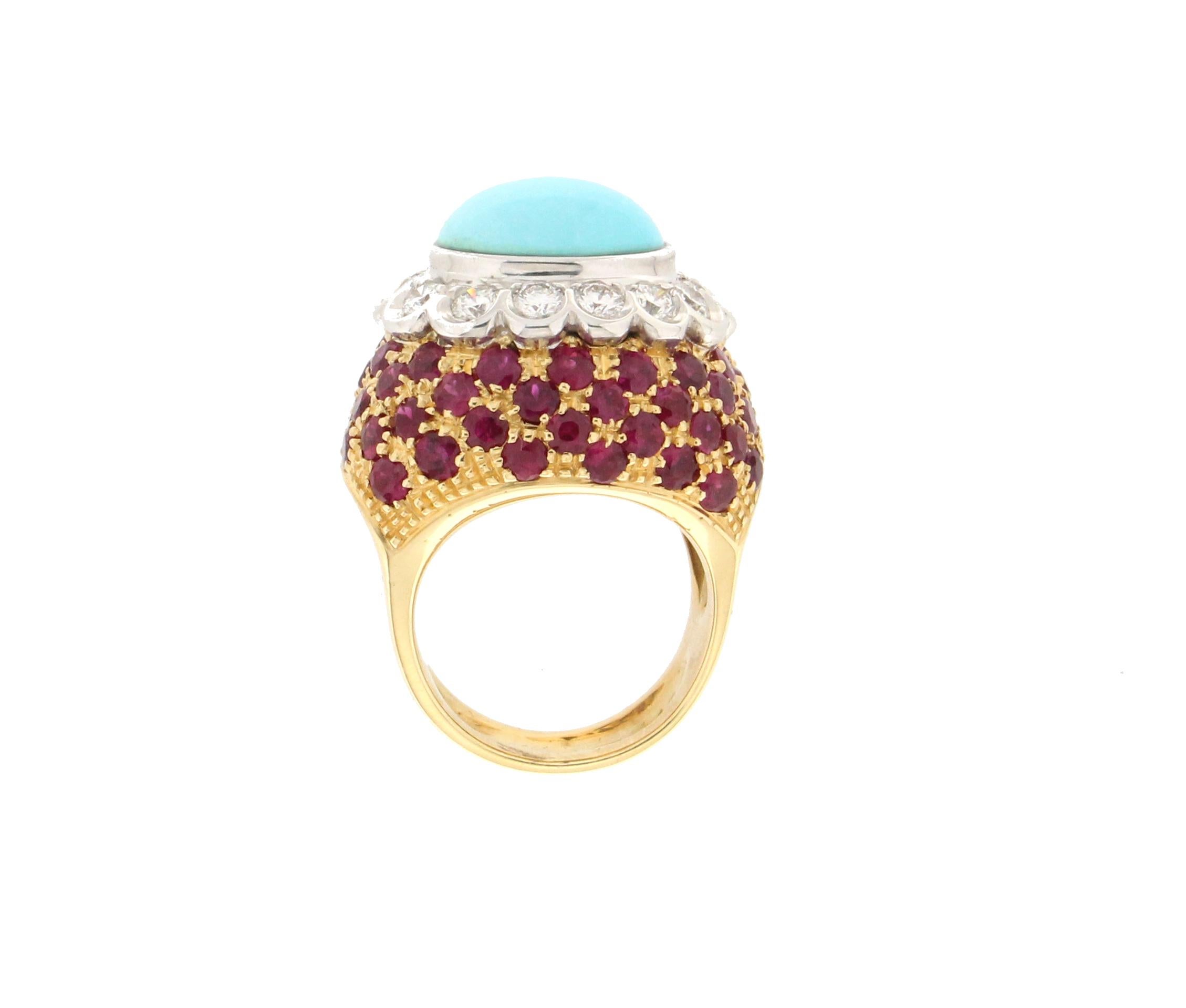Bague cocktail artisanale en or jaune 18 carats avec turquoise, diamants et rubis 4