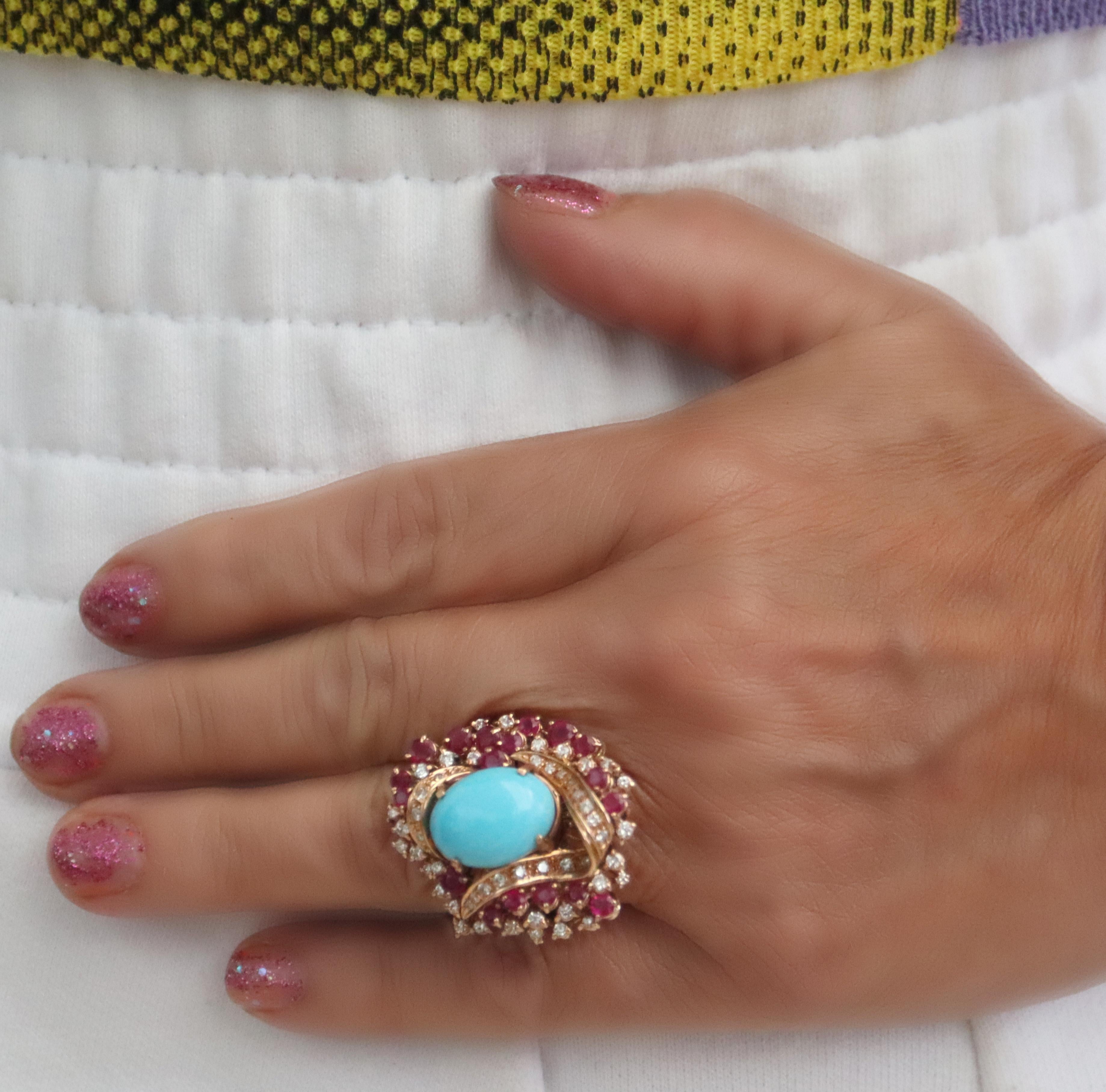 Handcraft Turquoise 18 Karat Yellow Gold Diamonds Ruby Cocktail Ring In New Condition For Sale In Marcianise, IT