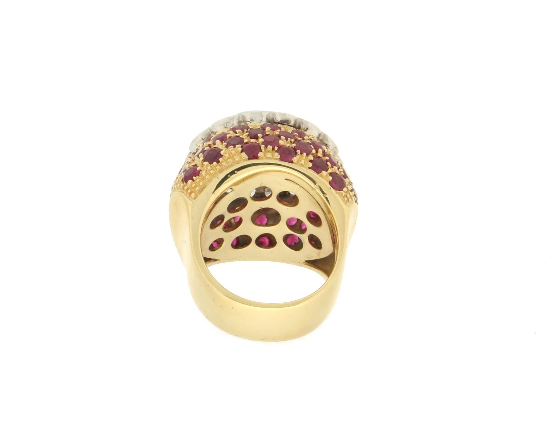 Bague cocktail artisanale en or jaune 18 carats avec turquoise, diamants et rubis 5