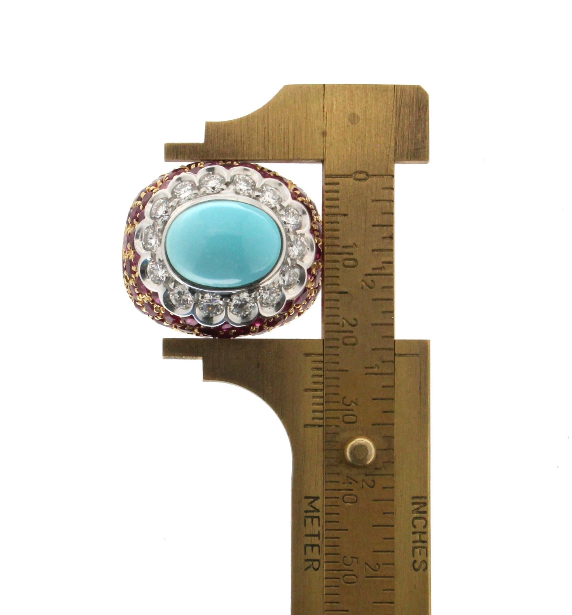 Bague cocktail artisanale en or jaune 18 carats avec turquoise, diamants et rubis 7