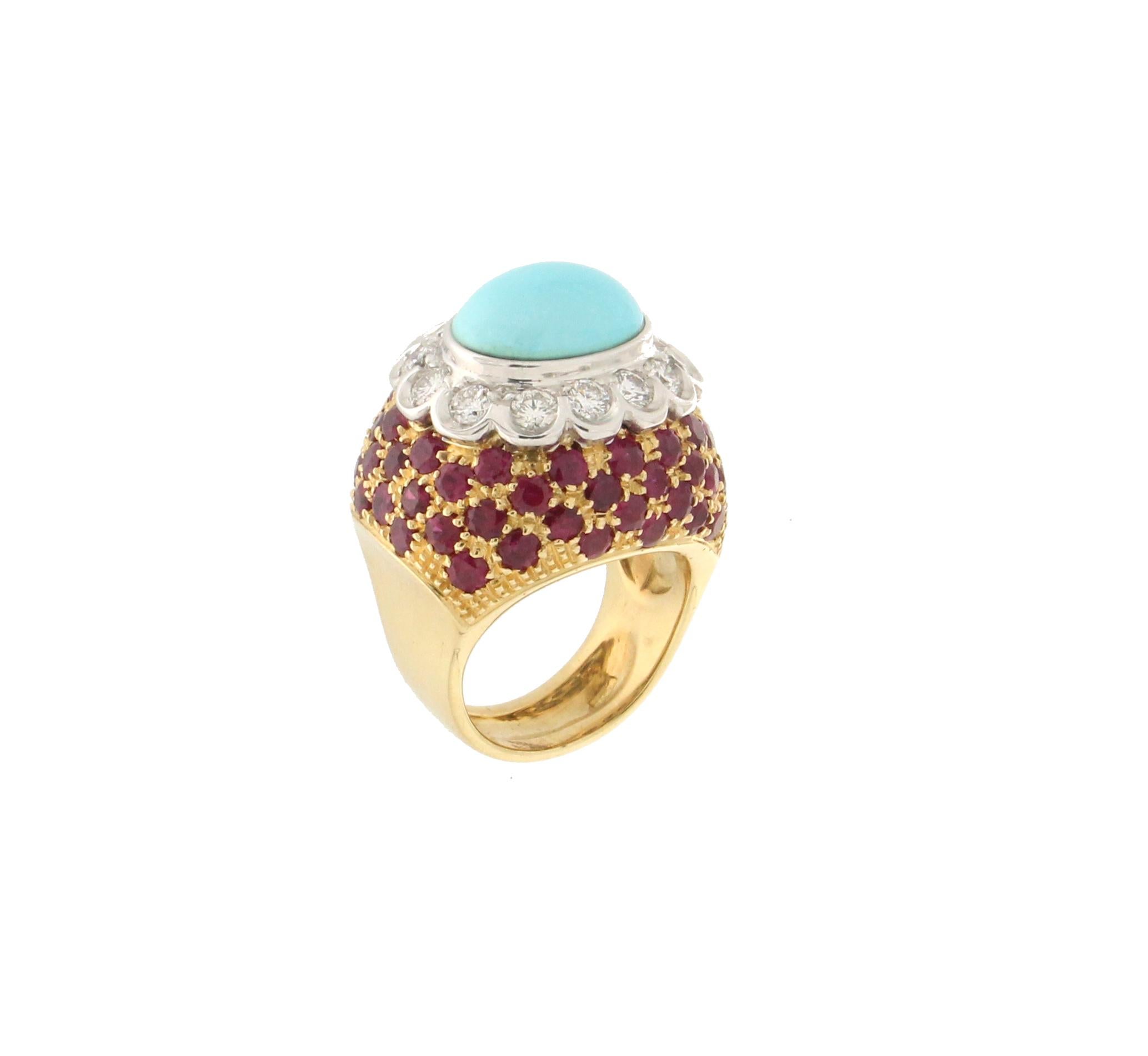  Bague cocktail artisanale en or jaune 18 carats avec turquoise, diamants et rubis Unisexe 