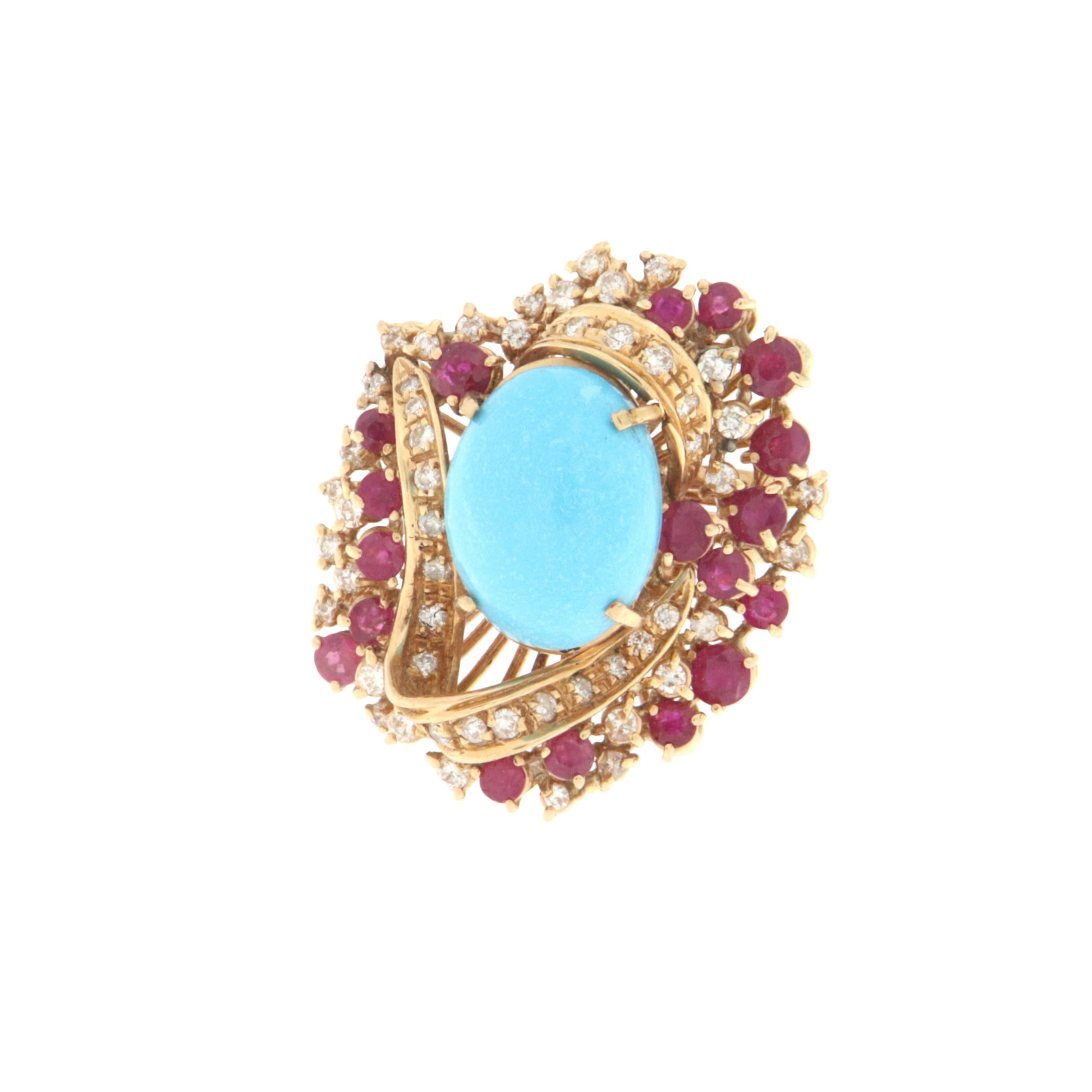 Artisan Handcraft Turquoise 18 Karat Yellow Gold Diamonds Ruby Cocktail Ring For Sale