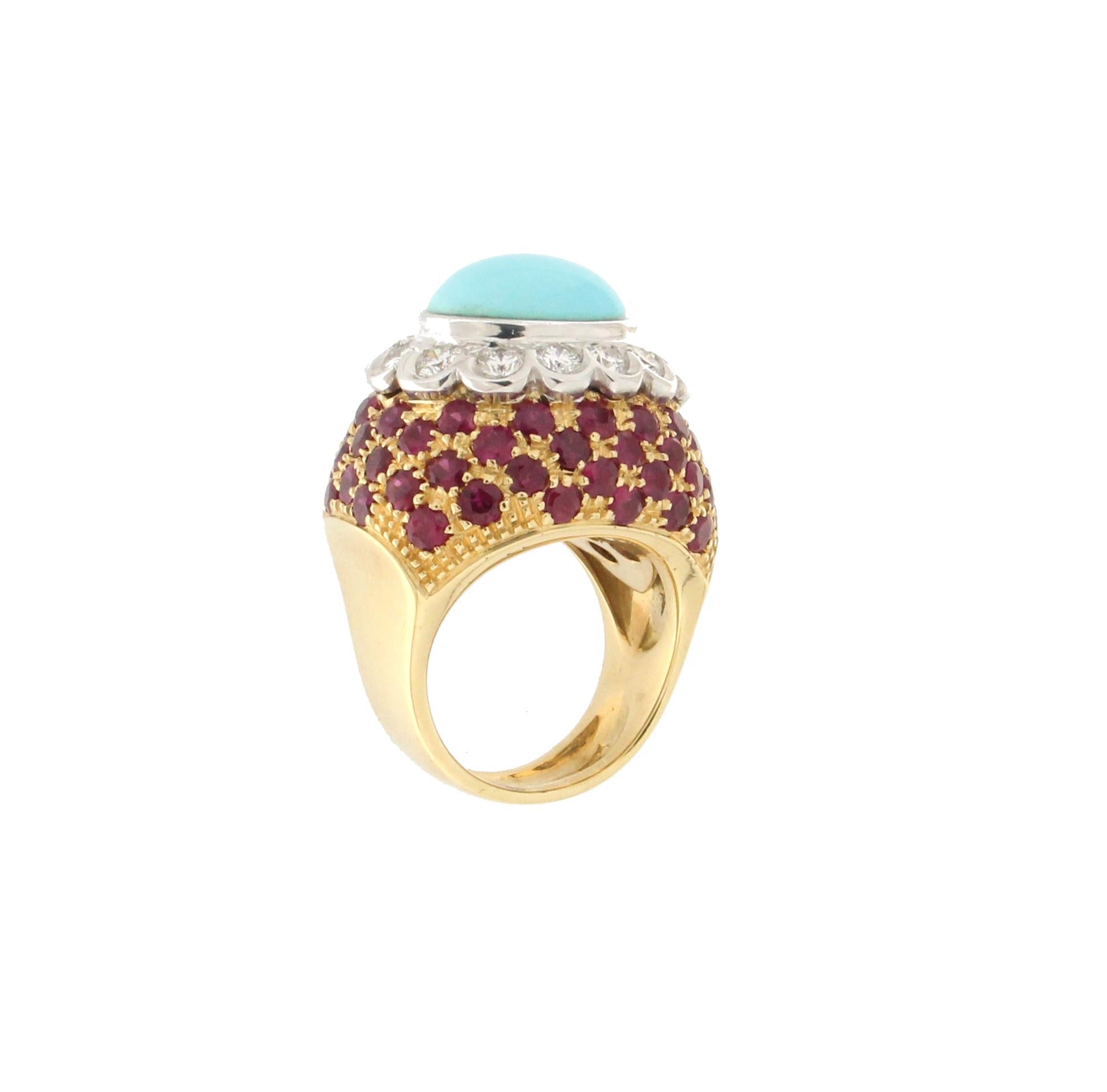 Bague cocktail artisanale en or jaune 18 carats avec turquoise, diamants et rubis 1