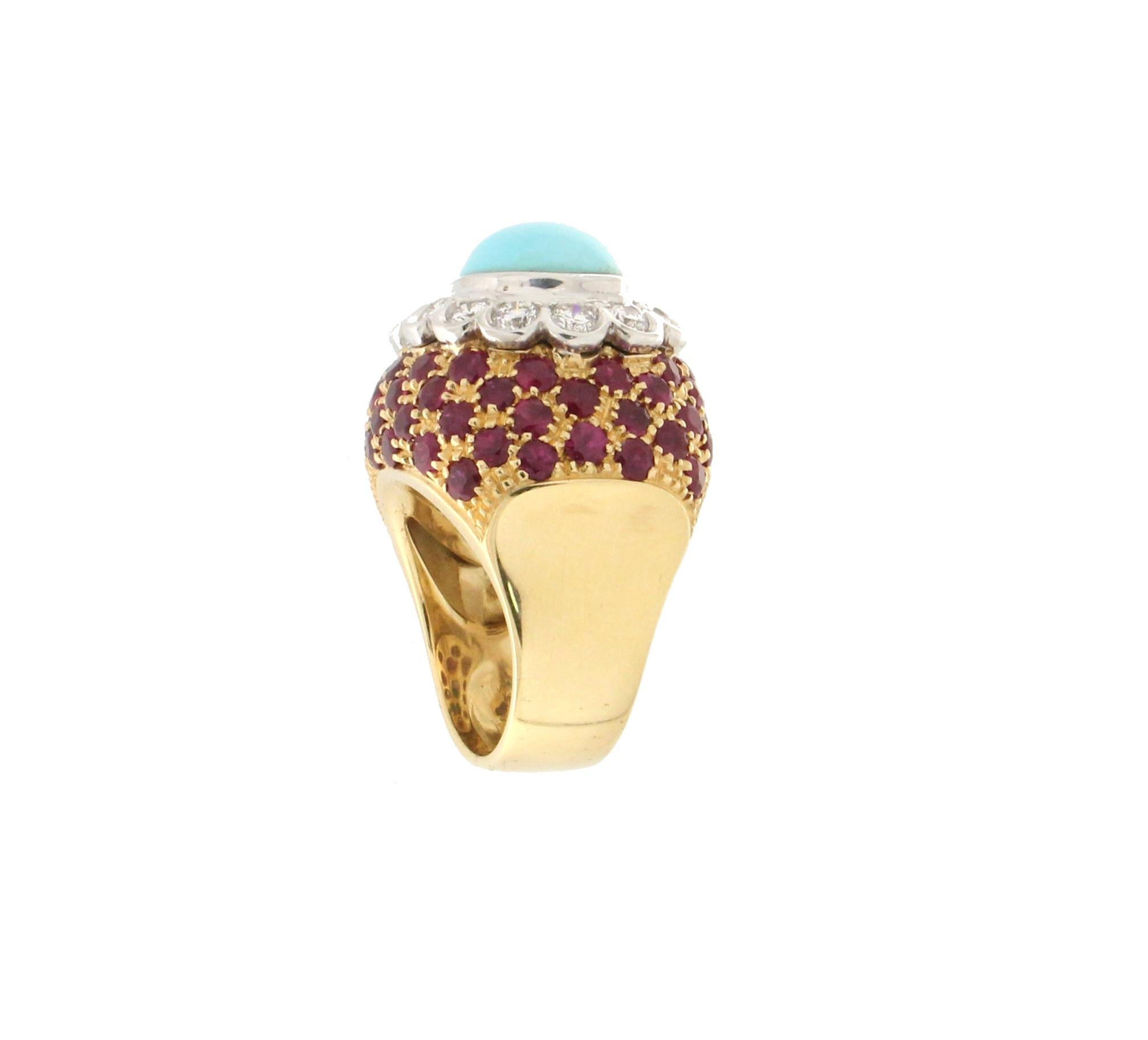 Bague cocktail artisanale en or jaune 18 carats avec turquoise, diamants et rubis 2