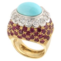 Handcraft Turquoise 18 Karat Yellow Gold Diamonds Ruby Cocktail Ring