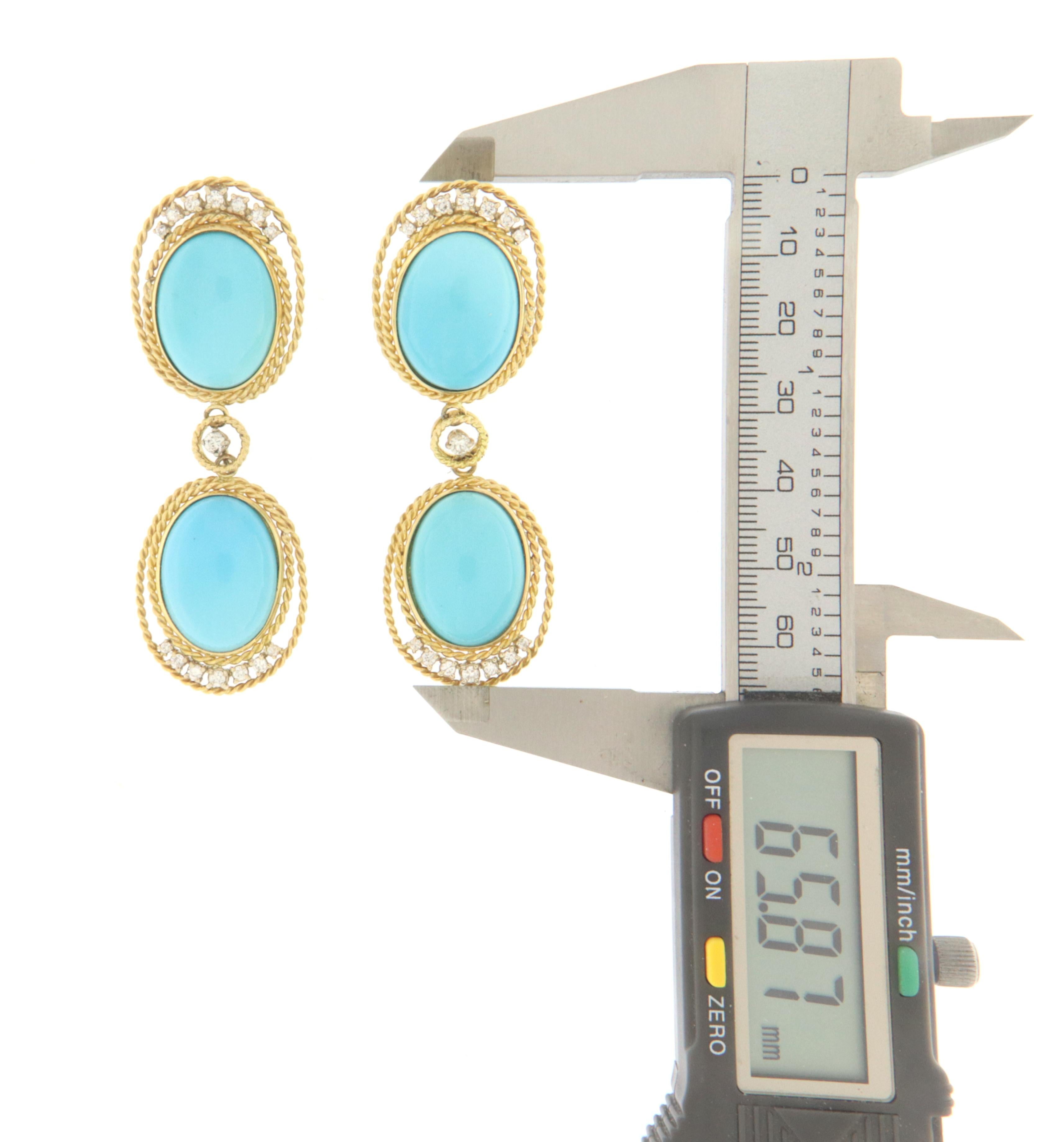 Artisan Handcraft Turquoise 18 Karat Yellow Gold Diamonds Drop Earrings For Sale