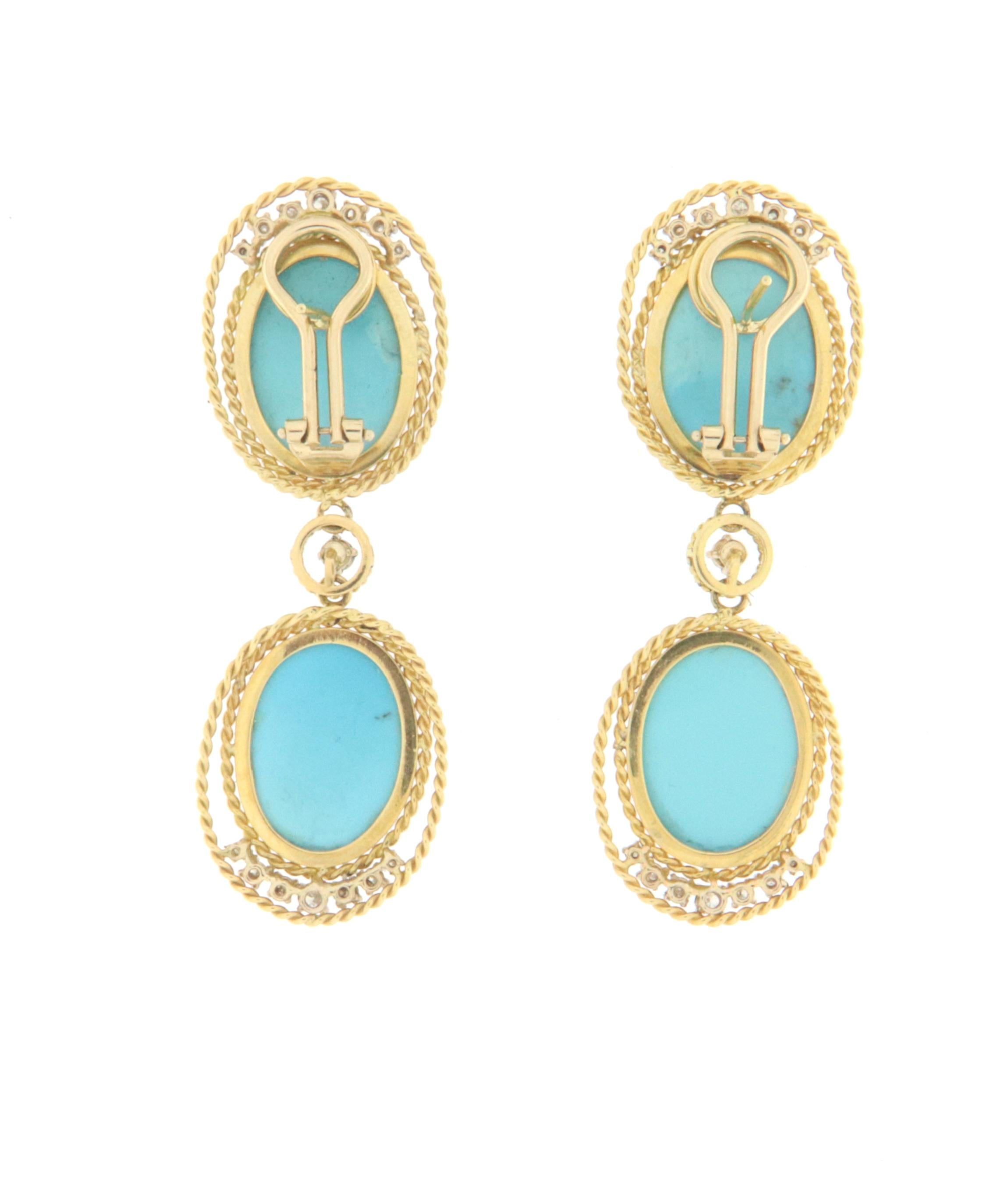 Handcraft Turquoise 18 Karat Yellow Gold Diamonds Drop Earrings In New Condition For Sale In Marcianise, IT