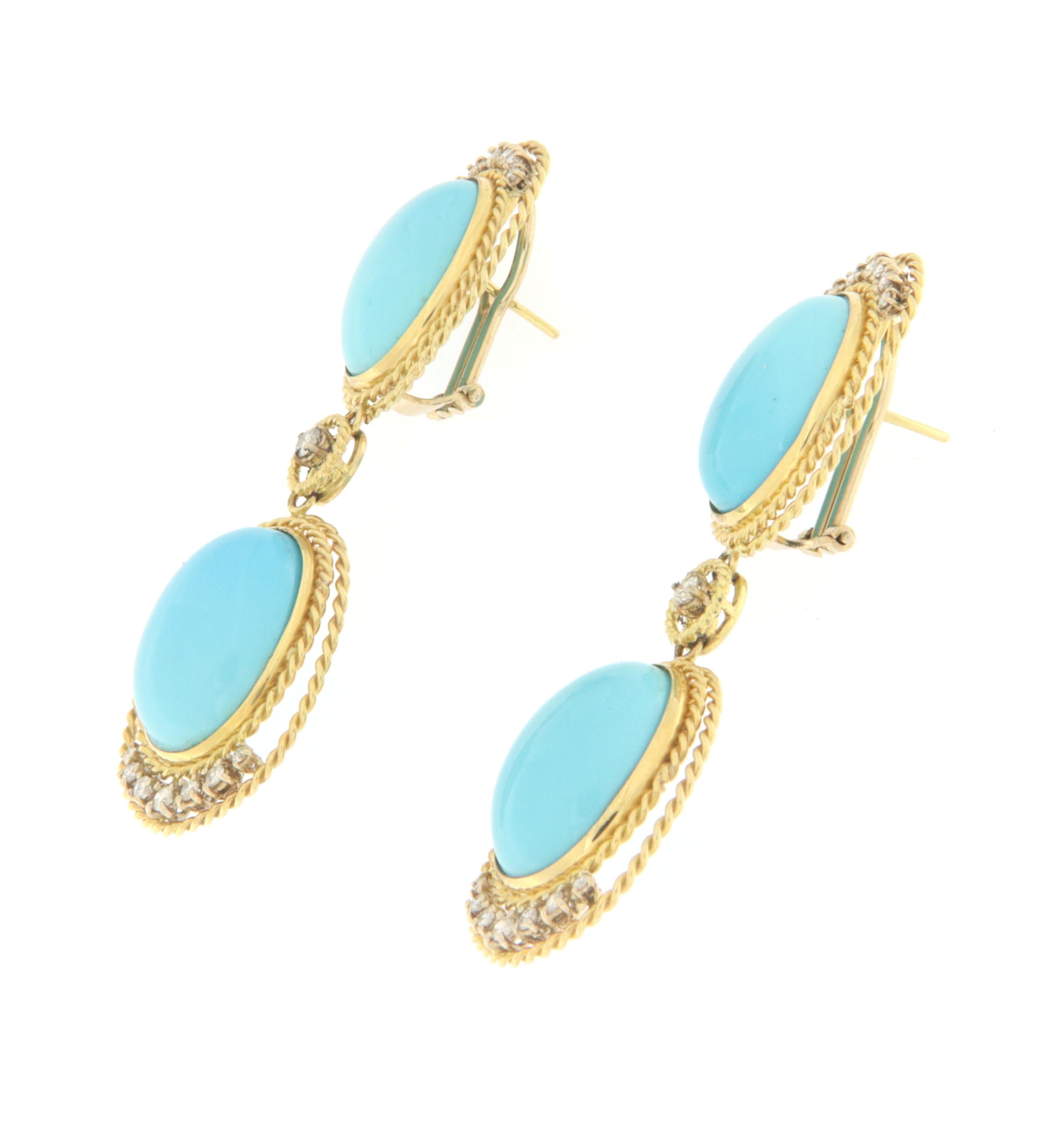 Women's Handcraft Turquoise 18 Karat Yellow Gold Diamonds Drop Earrings For Sale