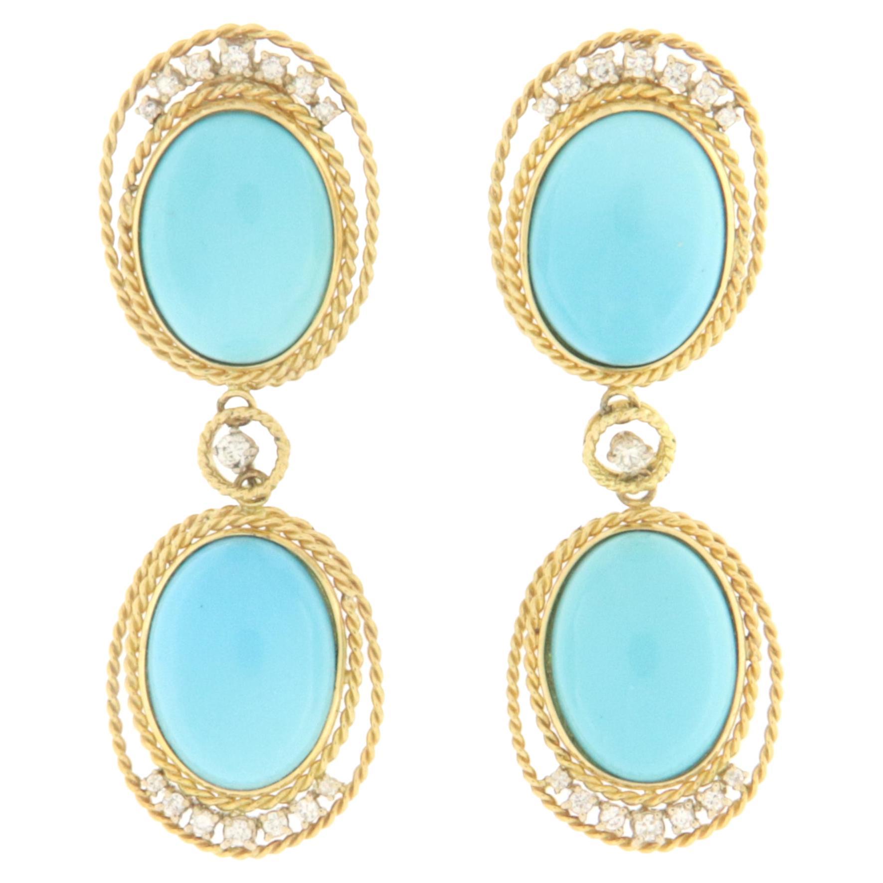 Boucles d'oreilles en goutte artisanales en or jaune 18 carats avec turquoises, diamants et saphirs