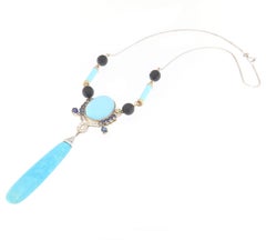 18K Yellow Gold Turquoise Diamond Sapphire Pendant Necklace, Italy