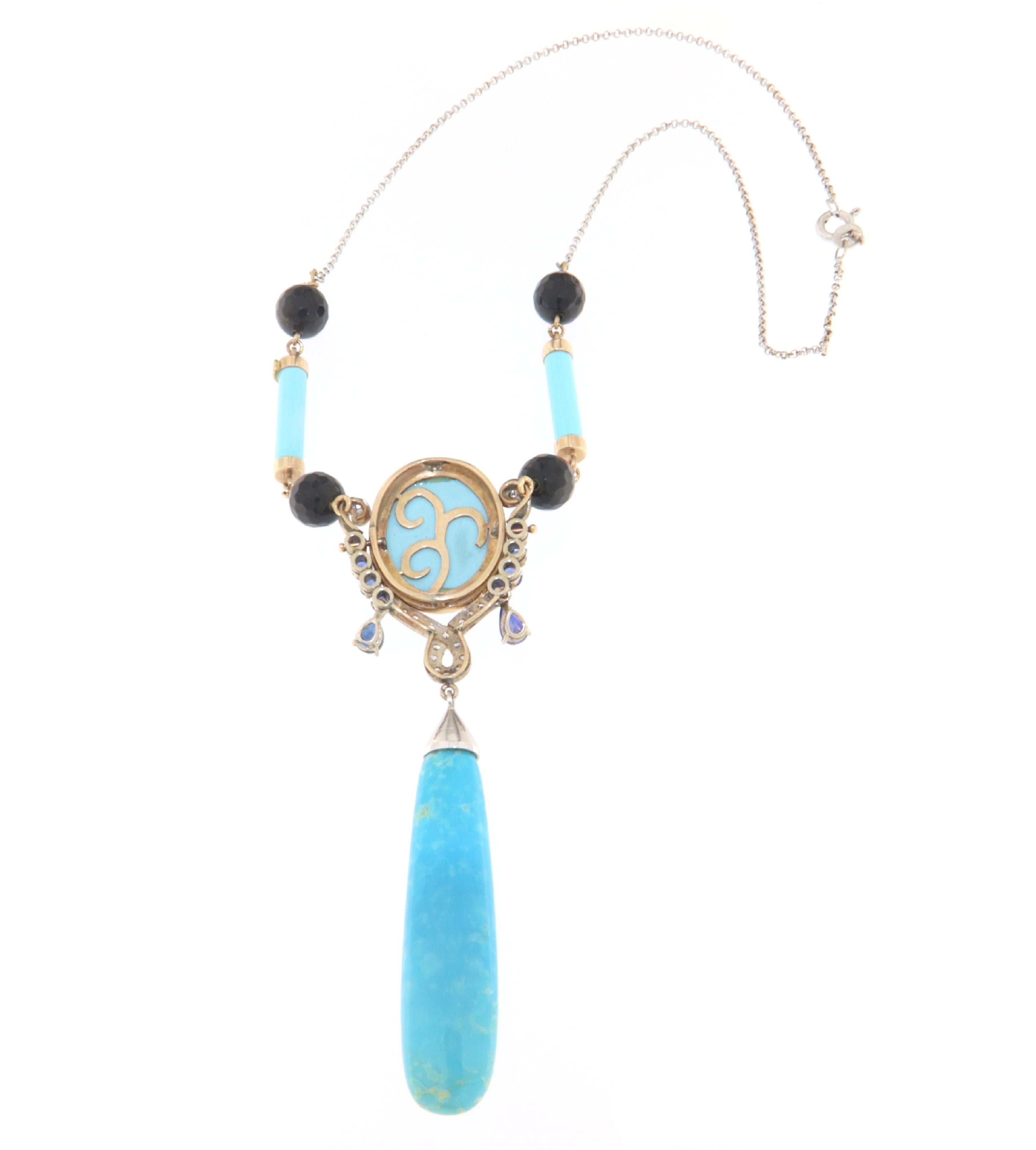 Artisan Collier à pendentifs en or jaune 18 carats diamants saphirs et turquoise Handcraft en vente