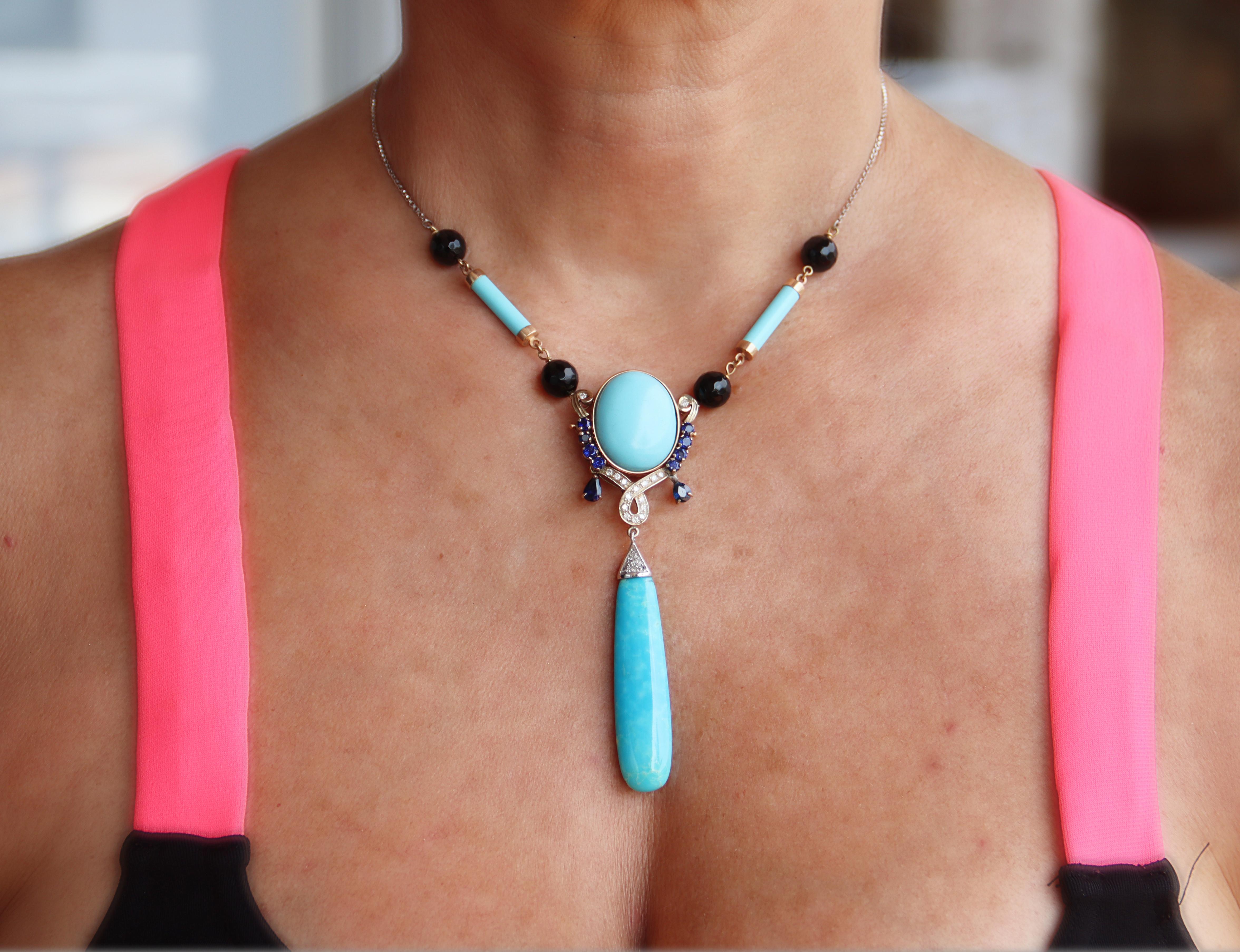 Collier à pendentifs en or jaune 18 carats diamants saphirs et turquoise Handcraft Neuf - En vente à Marcianise, IT