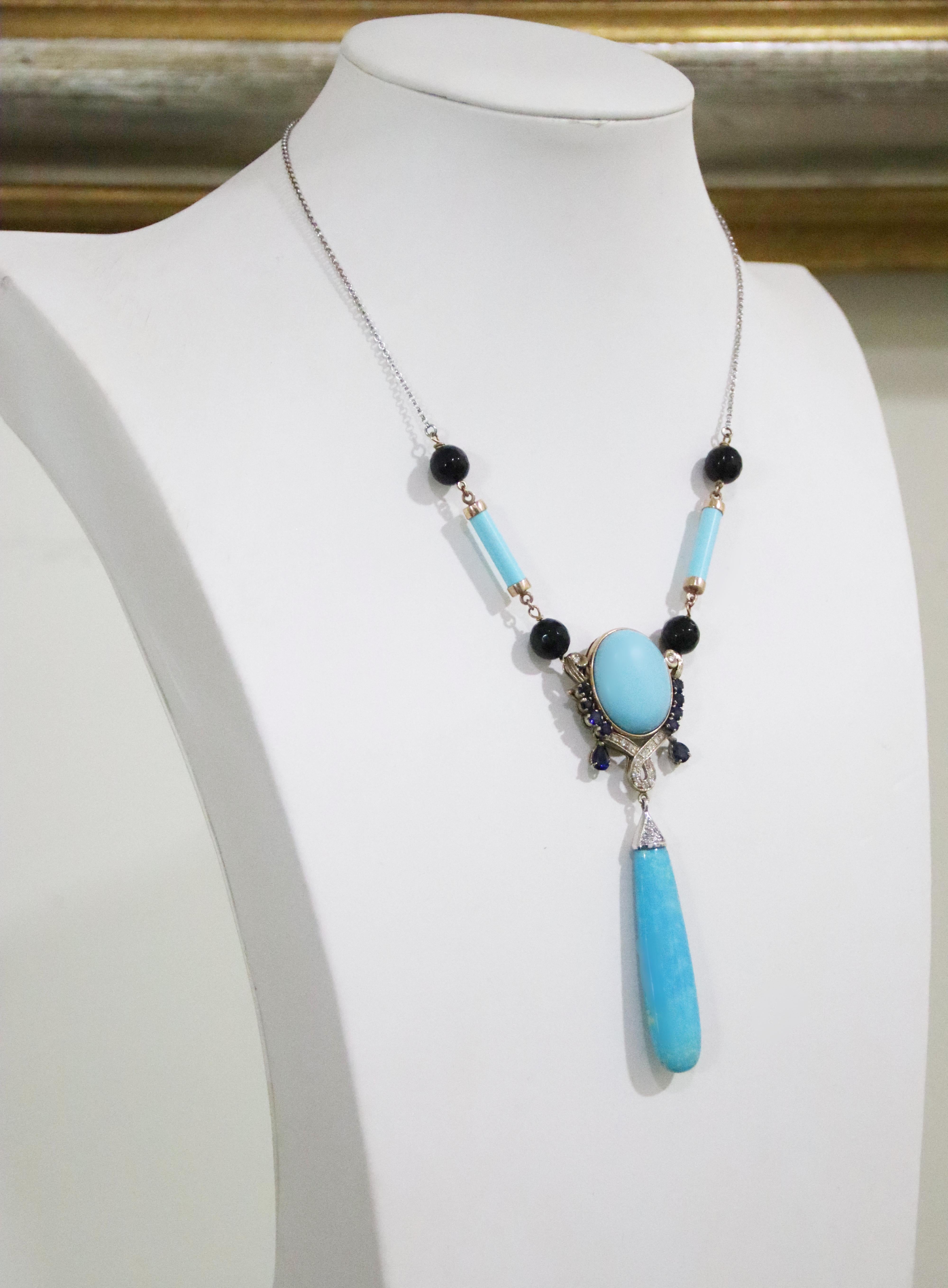 Collier à pendentifs en or jaune 18 carats diamants saphirs et turquoise Handcraft en vente 1