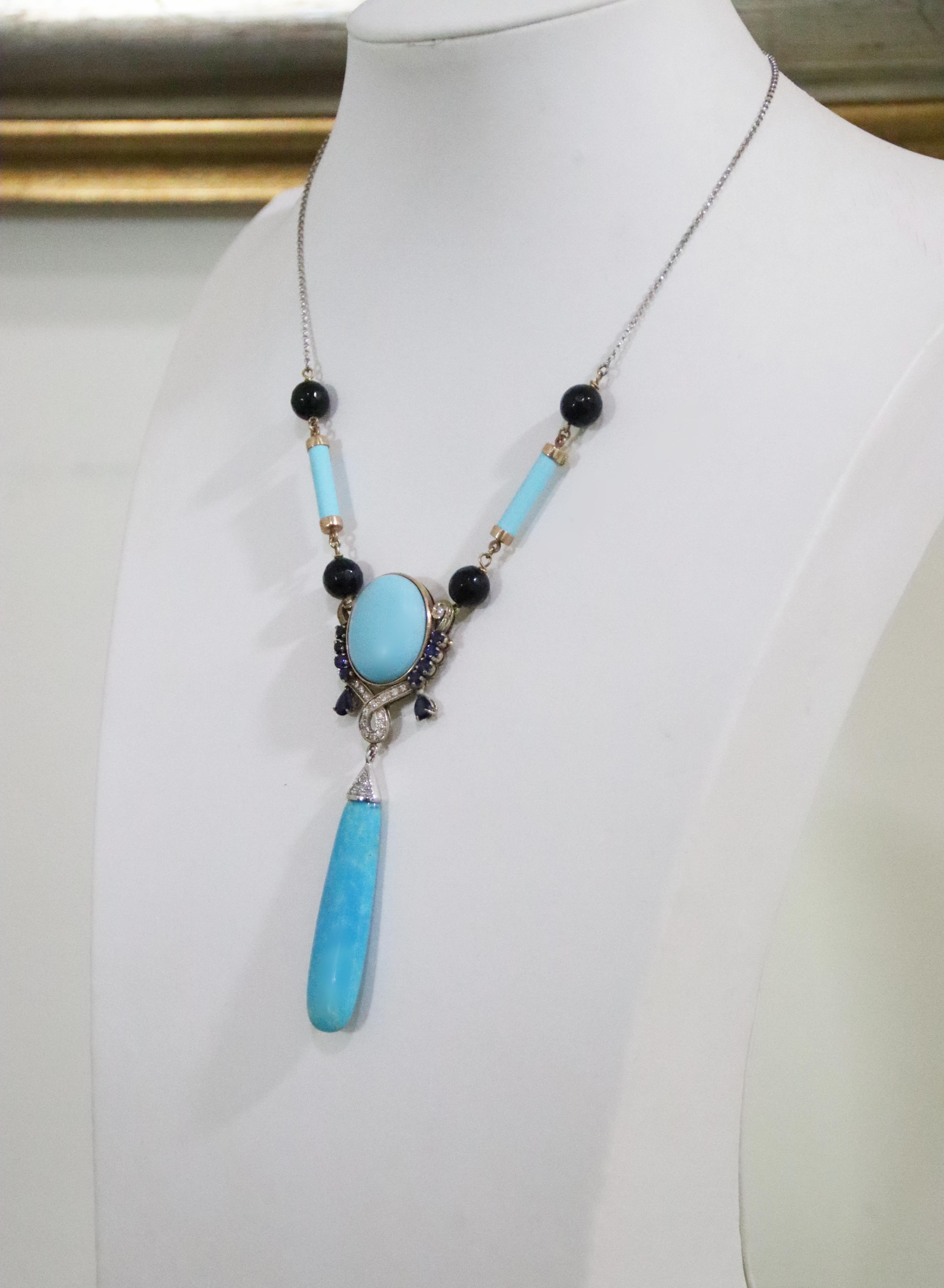 Collier à pendentifs en or jaune 18 carats diamants saphirs et turquoise Handcraft en vente 2