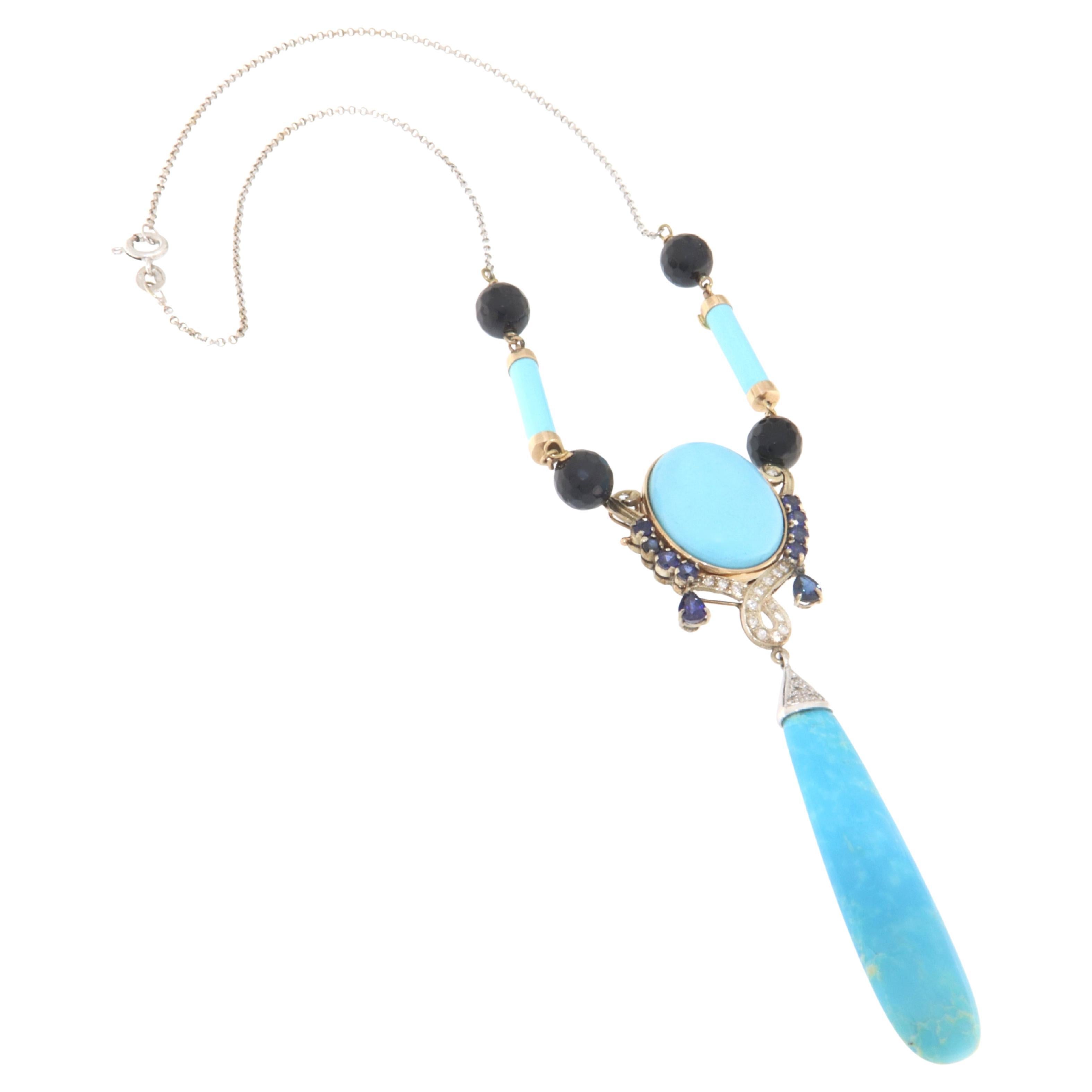 Collier à pendentifs en or jaune 18 carats diamants saphirs et turquoise Handcraft en vente