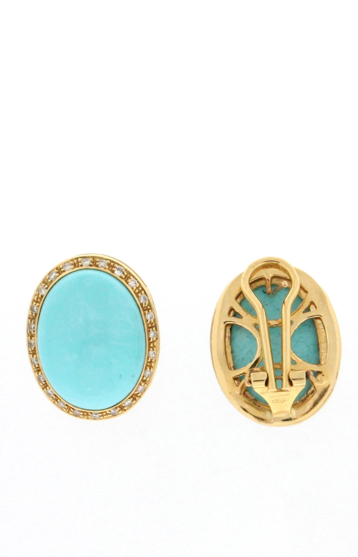 18 Karat yellow gold stud earrings. Handmade by our craftsmen assembled with turquoise and diamonds.

Earrings weight 21.10 grams
Diamonds weight 0.40 karat