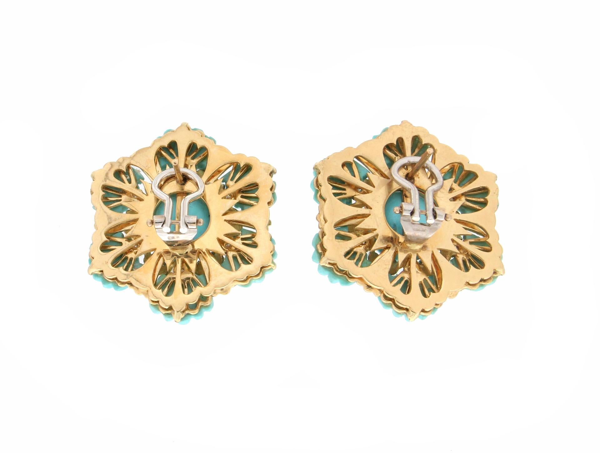 Artisan Handcraft Turquoise 18 Karat Yellow Gold Diamonds Stud Earrings