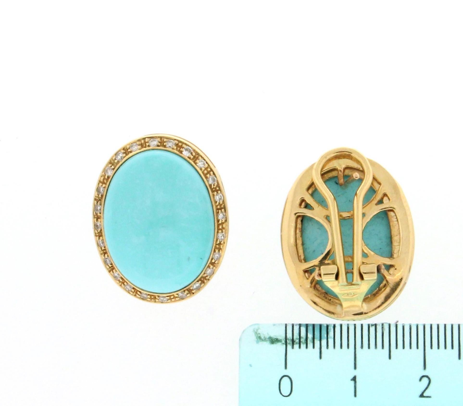 Handcraft Turquoise 18 Karat Yellow Gold Diamonds Stud Earrings In New Condition For Sale In Marcianise, IT