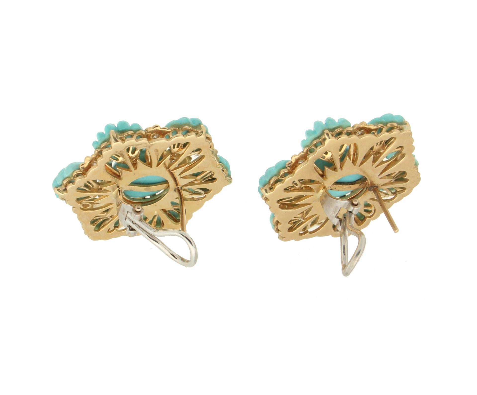 Handcraft Turquoise 18 Karat Yellow Gold Diamonds Stud Earrings In New Condition In Marcianise, IT