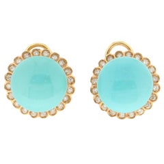 Handcraft Turquoise 18 Karat Yellow Gold Diamonds Stud Earrings