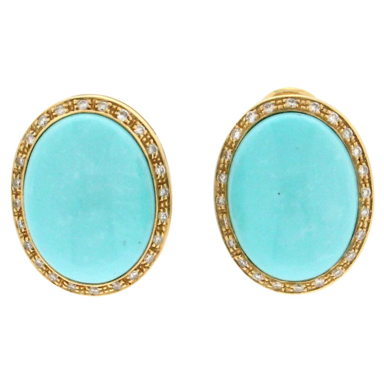 Handcraft Turquoise 18 Karat Yellow Gold Diamonds Stud Earrings For Sale