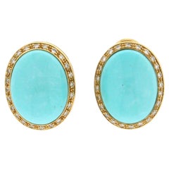 Handcraft Turquoise 18 Karat Yellow Gold Diamonds Stud Earrings