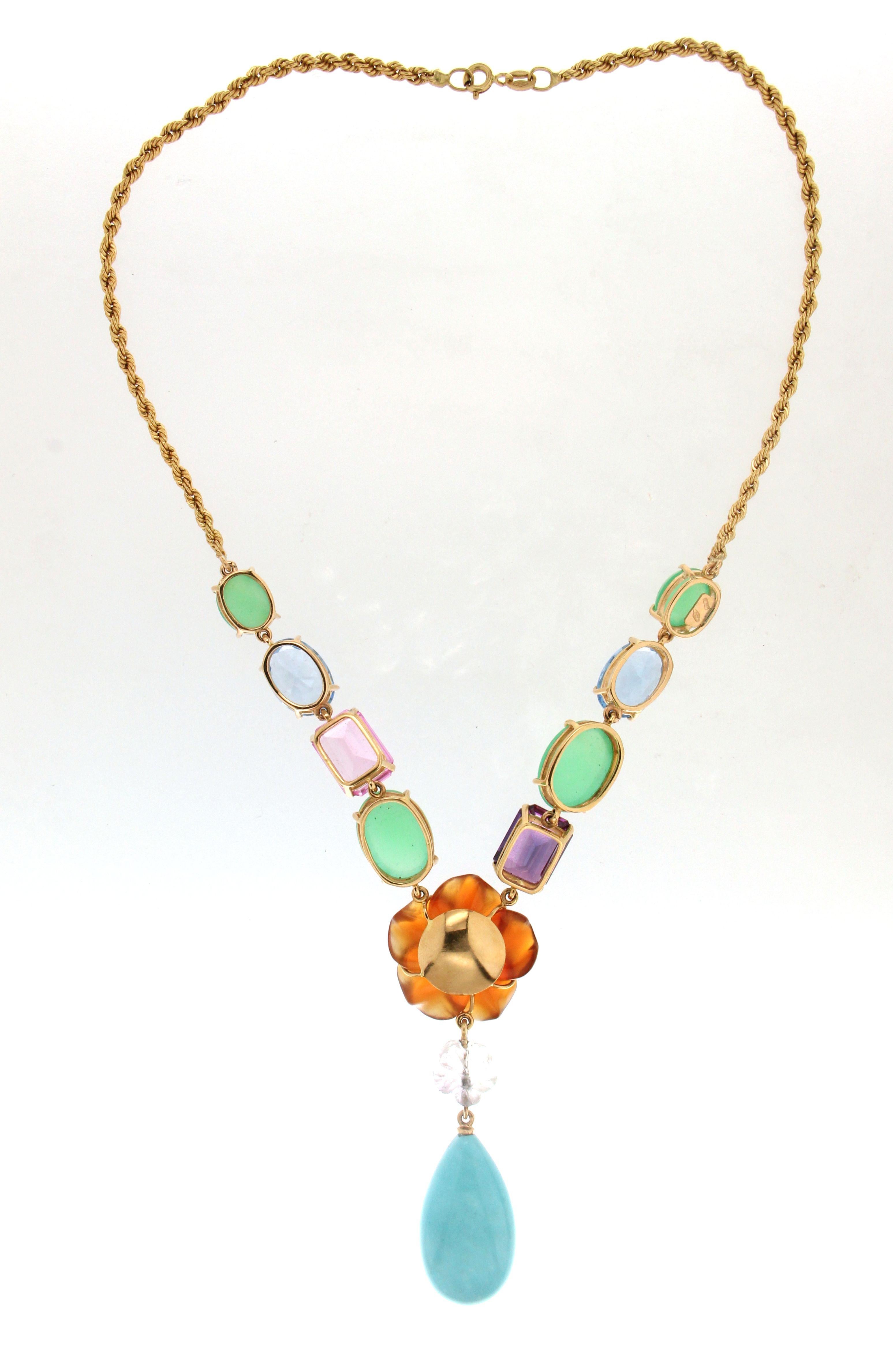 Handcraft Turquoise 18 Karat Yellow Gold Pendant Necklace In New Condition For Sale In Marcianise, IT