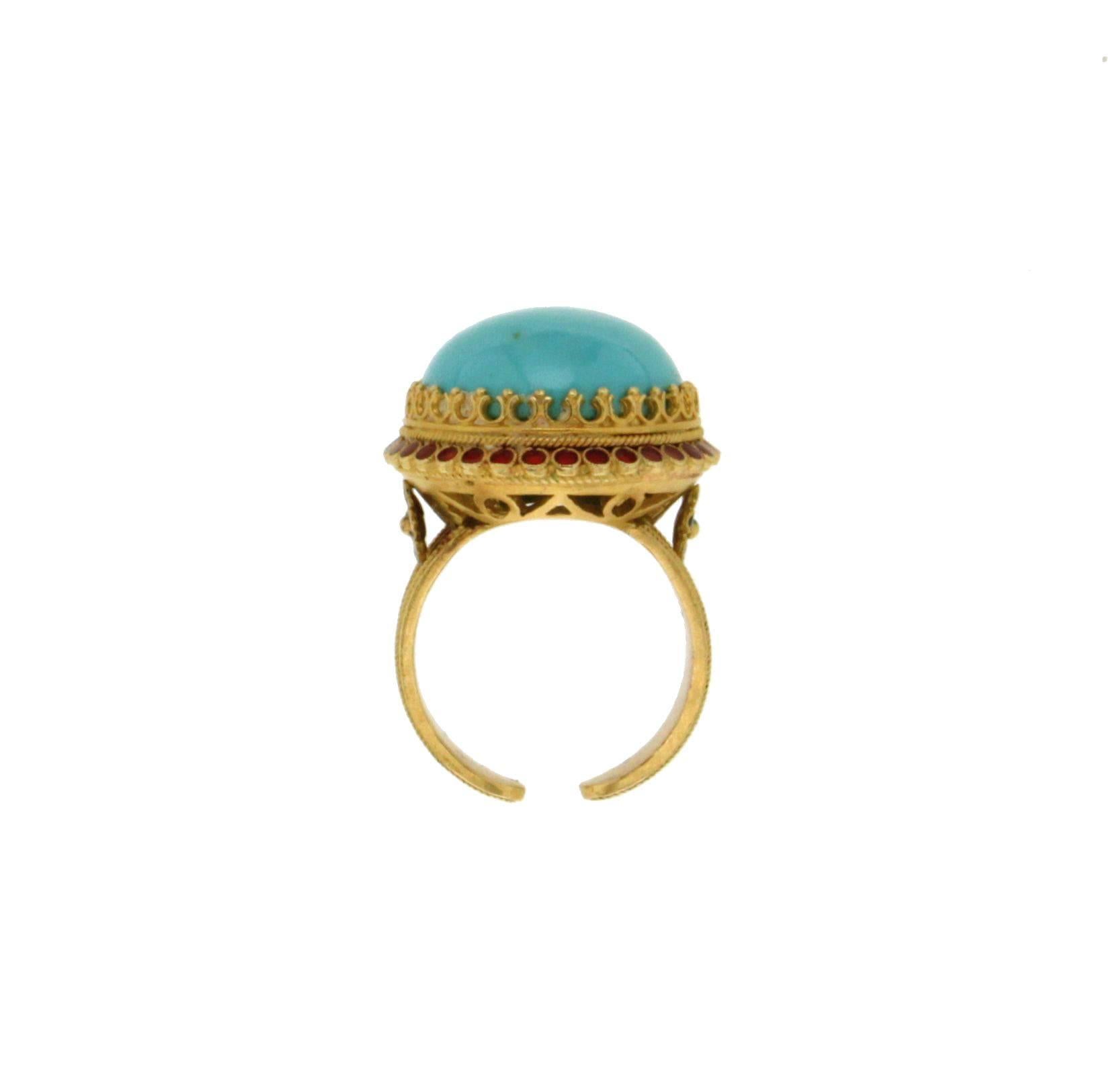 Handcraft Turquoise 18 Karat Yellow Gold Red Enamel Cocktail Ring In New Condition For Sale In Marcianise, IT