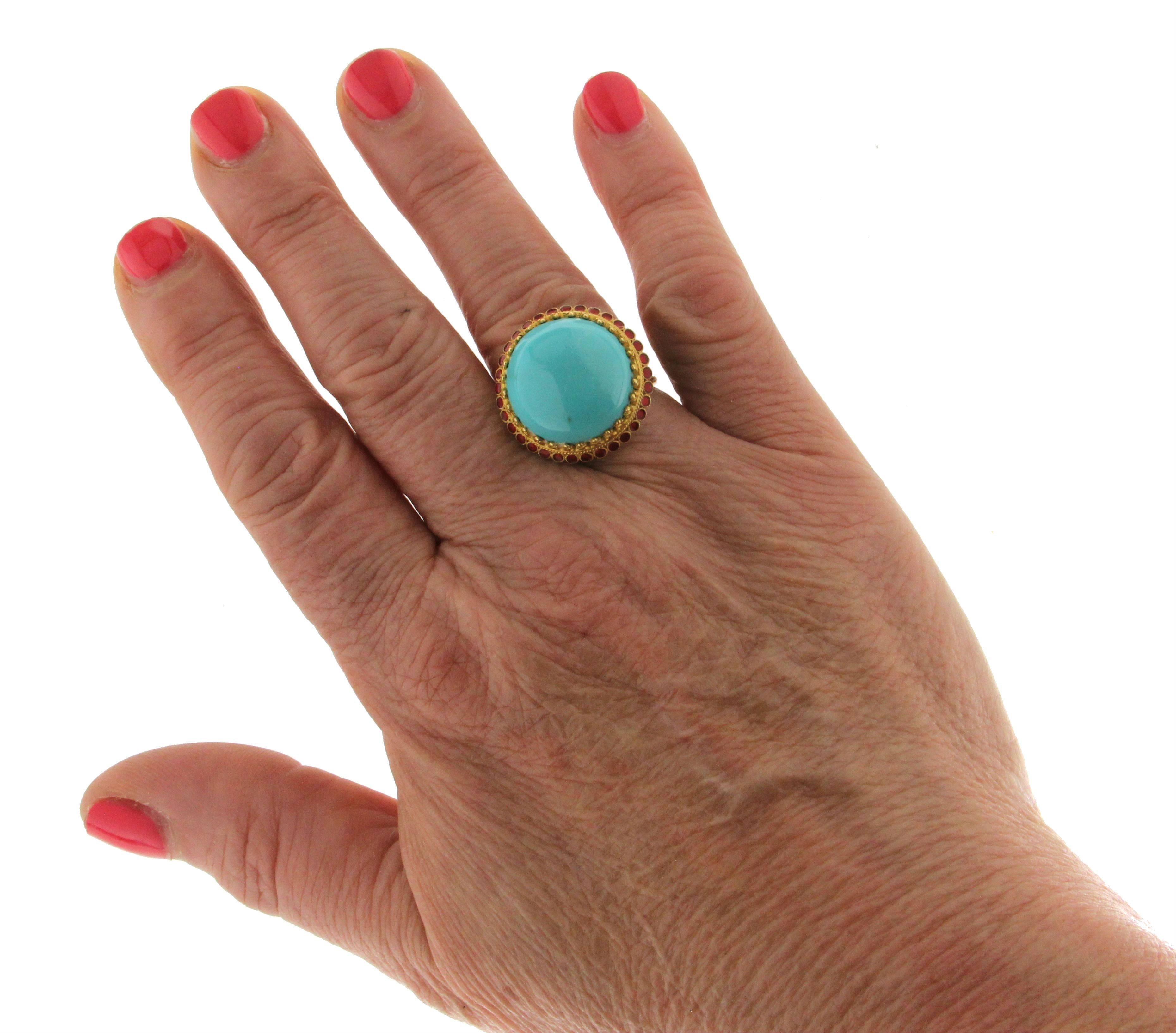Women's or Men's Handcraft Turquoise 18 Karat Yellow Gold Red Enamel Cocktail Ring For Sale