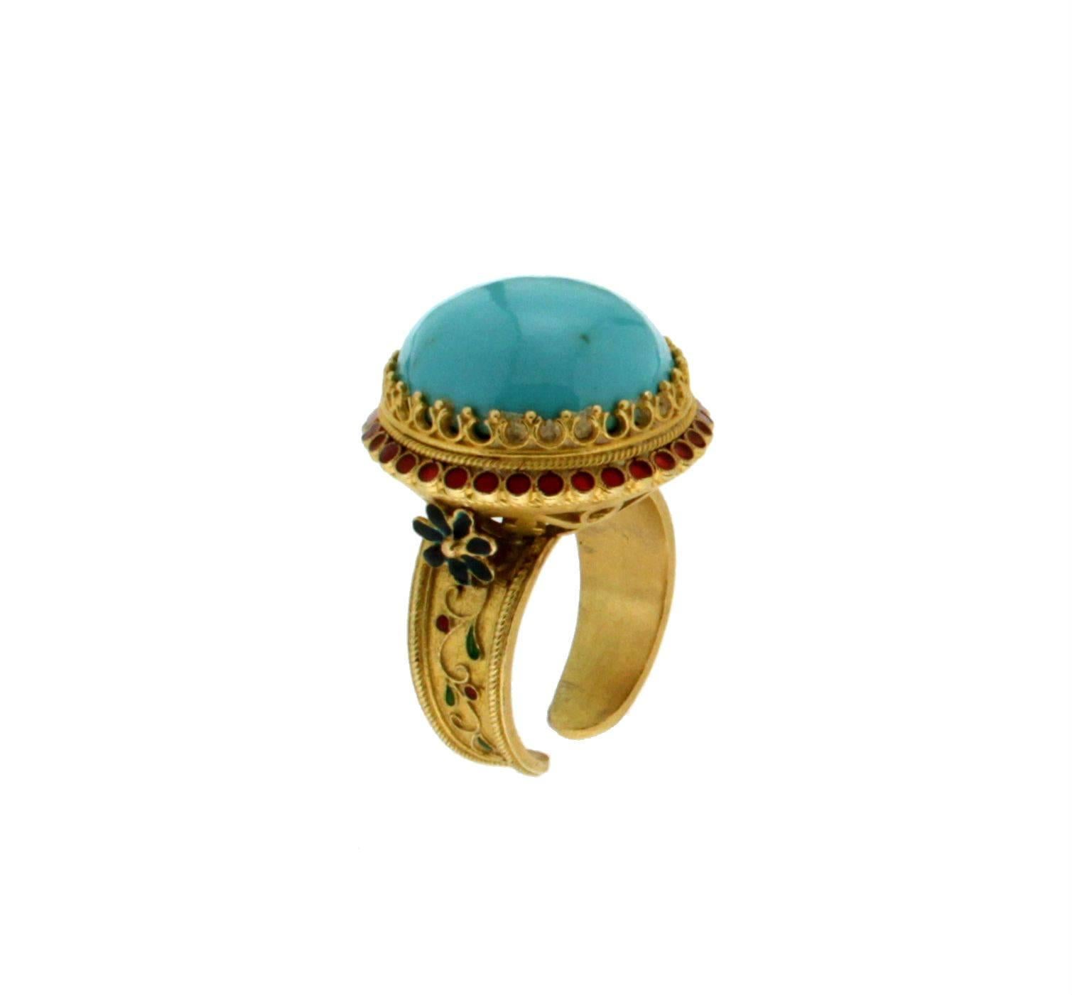 Handcraft Turquoise 18 Karat Yellow Gold Red Enamel Cocktail Ring For Sale 1