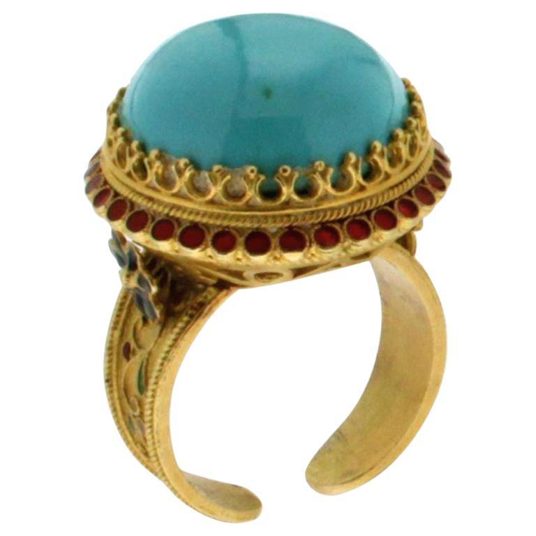Handcraft Turquoise 18 Karat Yellow Gold Red Enamel Cocktail Ring For Sale