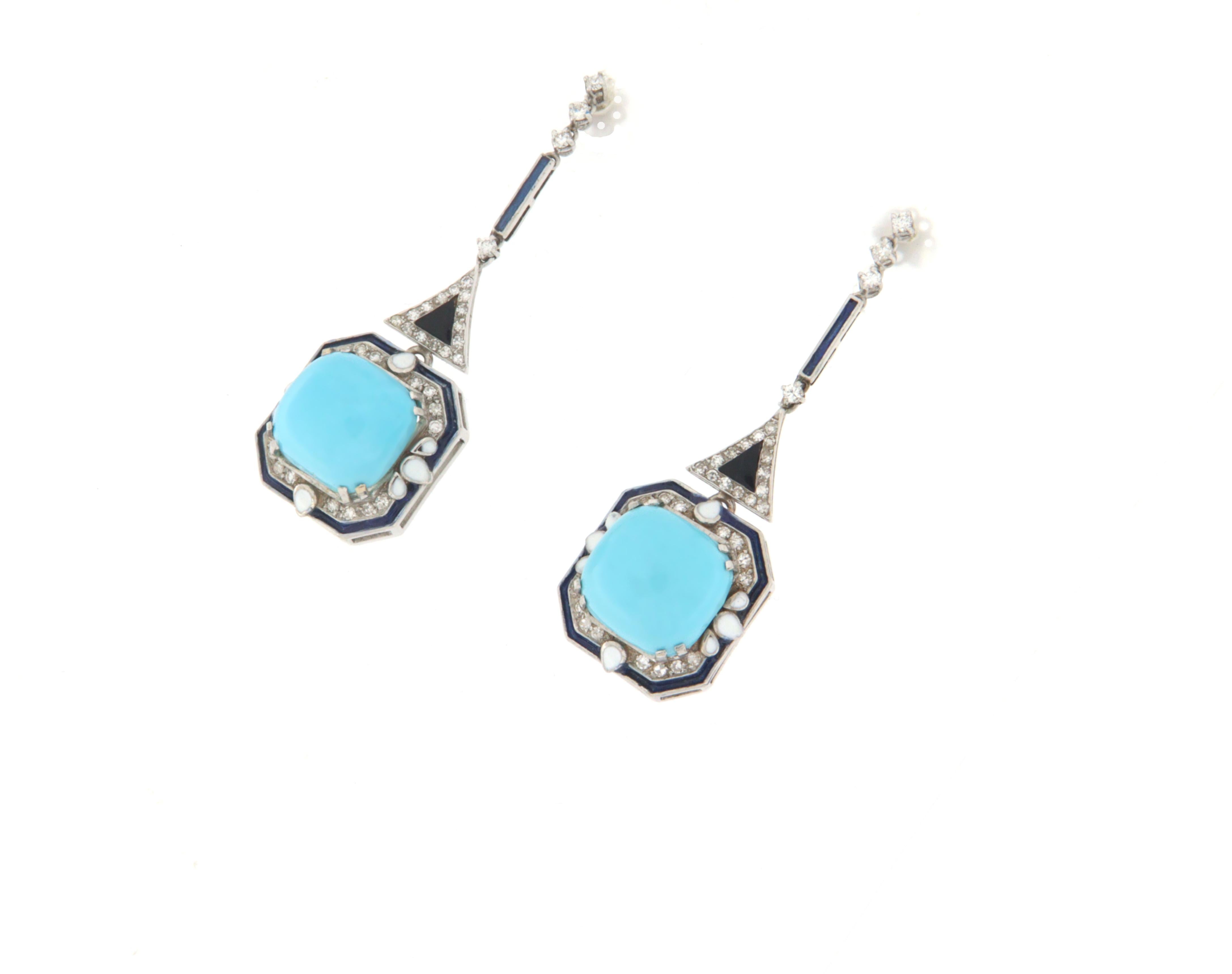 Elegant earring handmade by expert craftsmen in 18K white gold mounted with diamonds, Arizona origin turquoise, onyx and white and blue enamels.

The total weight of the earring is 20.4 grams

The weight of the diamonds is equivalent to 1.08