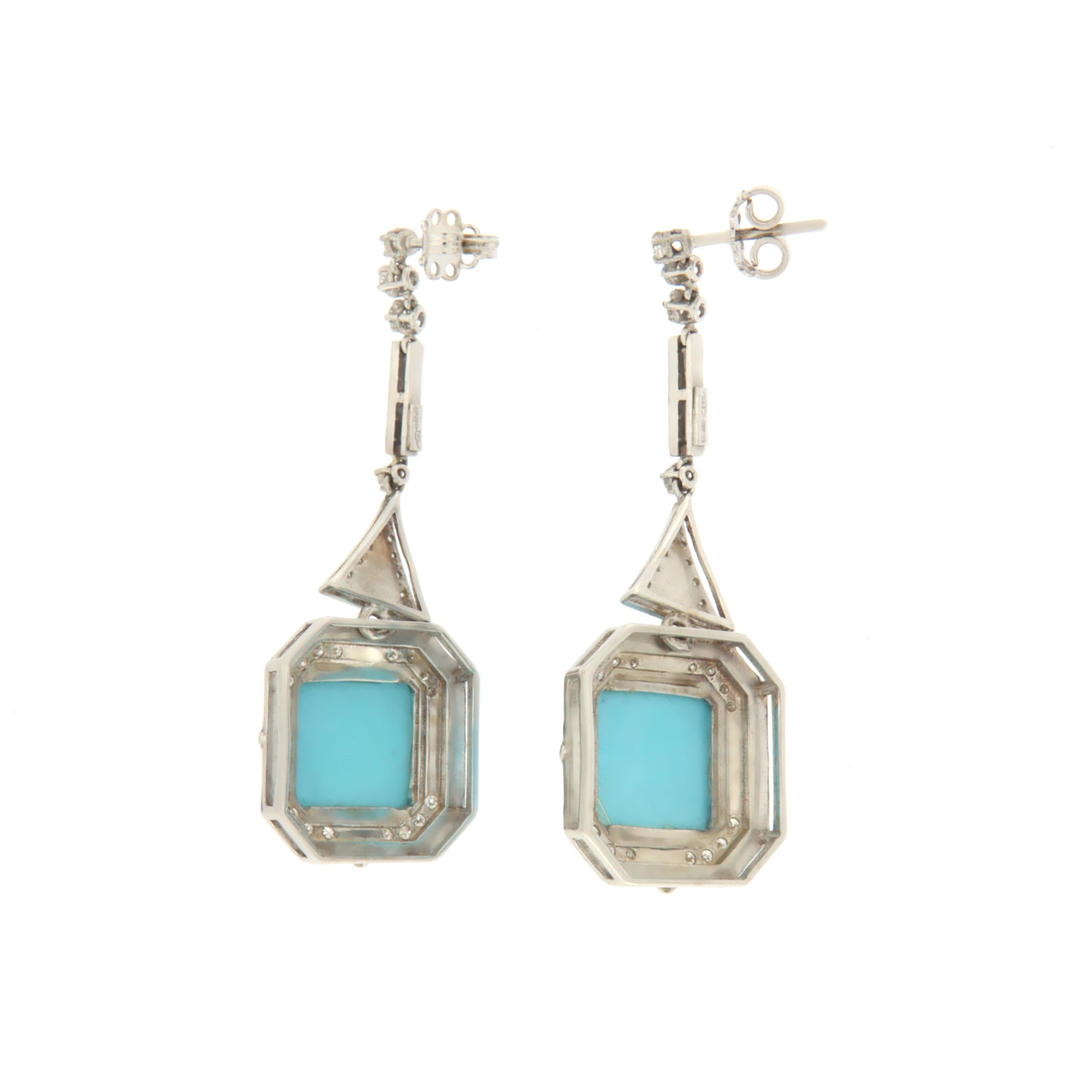 Handcraft Turquoise 18 Karats White Gold Diamonds Drop Earrings In New Condition For Sale In Marcianise, IT