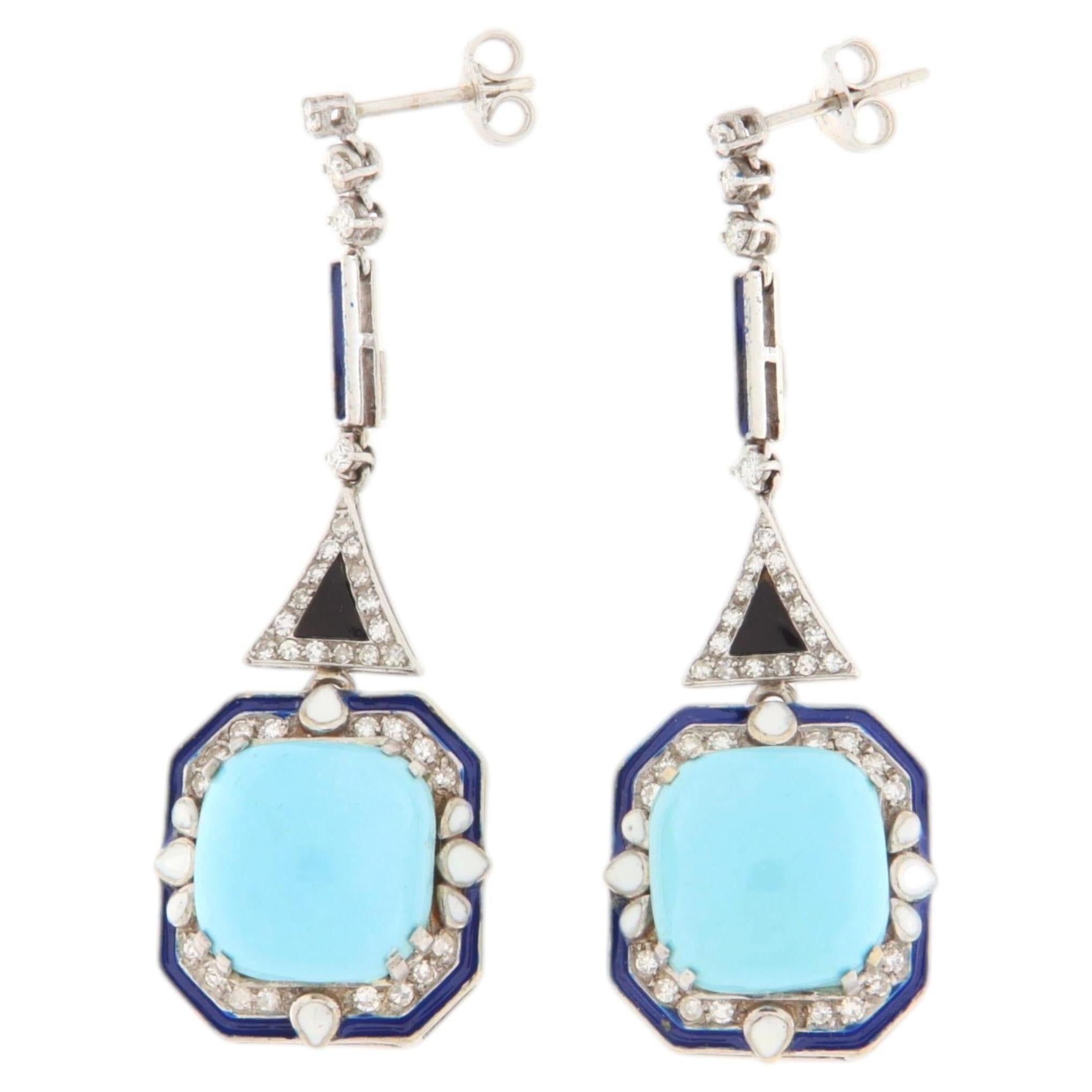 1990s Vintage Turquoise, Onyx Diamond & Blue Enamel Drop Earrings 18K White Gold For Sale