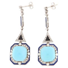 Orecchini pendenti vintage degli anni ’90 con turchese, onice, diamanti e smalto blu, in oro bianco 18 carati