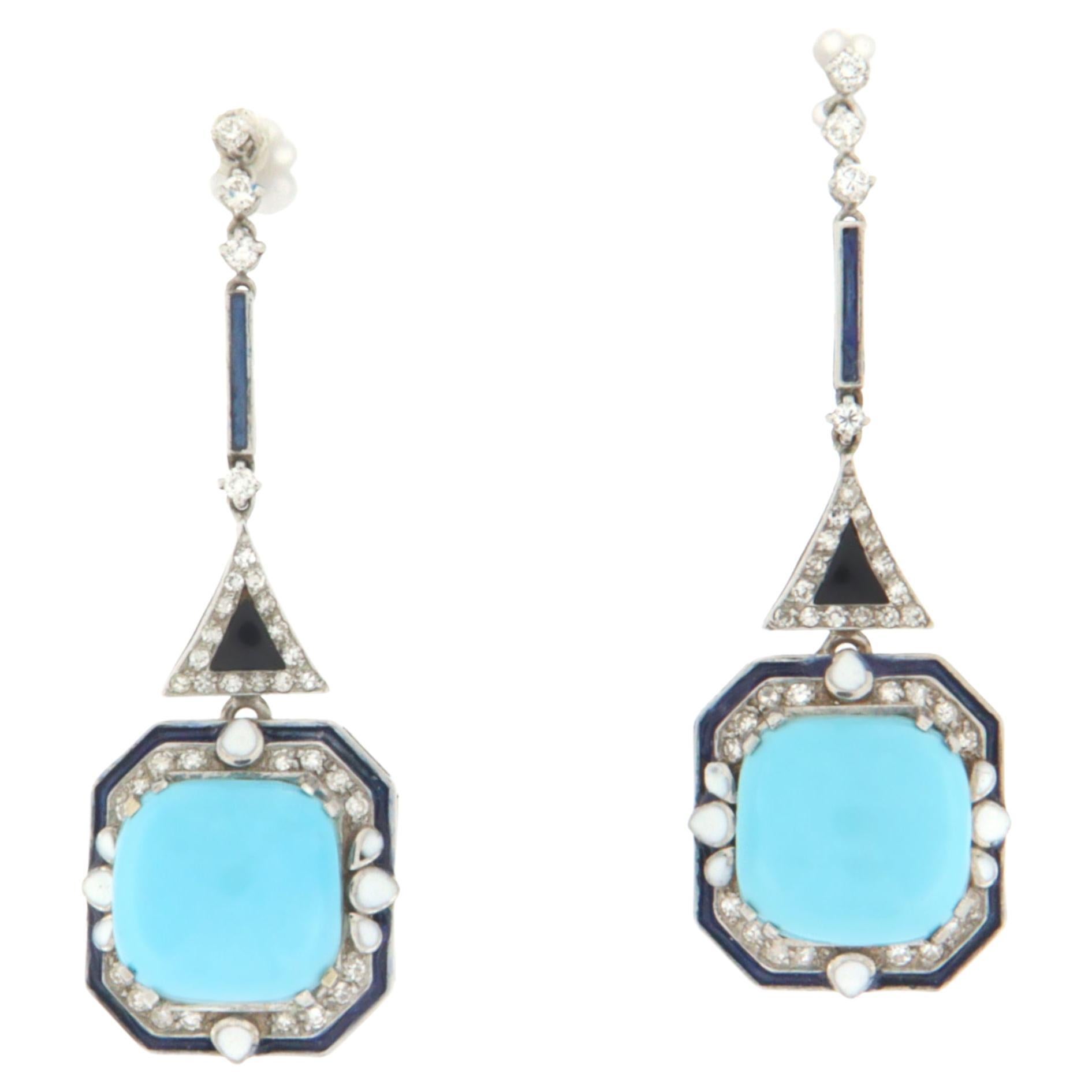 Handcraft Turquoise 18 Karats White Gold Diamonds Drop Earrings For Sale