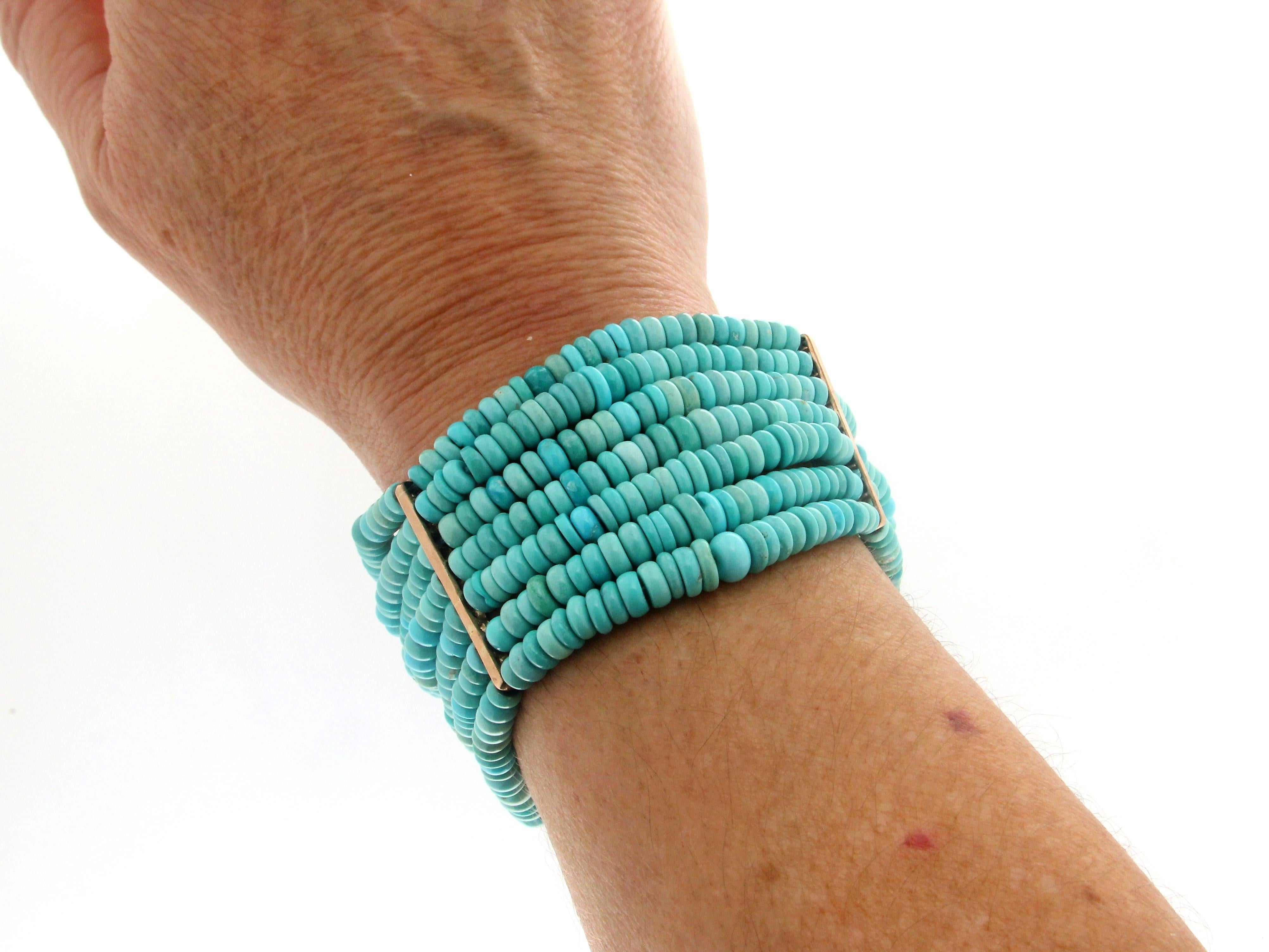 Artisan Handcraft Turquoise 9 Karat Yellow Gold Cuff Bracelet