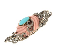 Handcraft Turquoise 14 Karat Yellow Gold Diamonds Sapphires Pendant